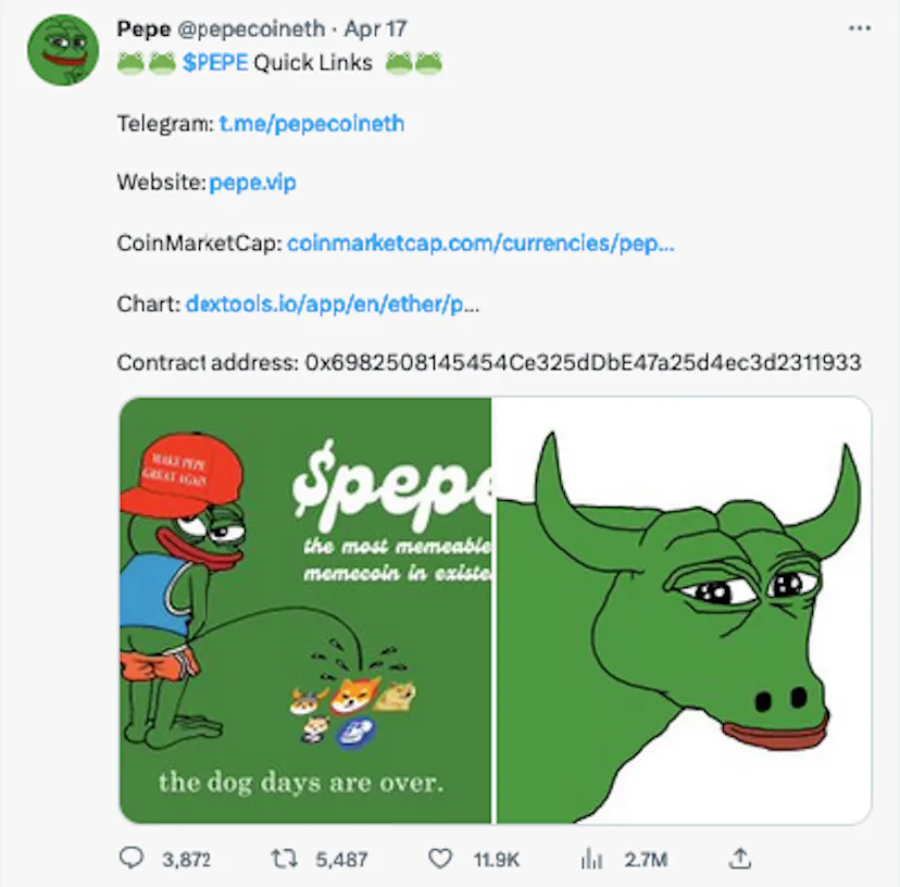 Pepe Coin Twitter Page on 17th April