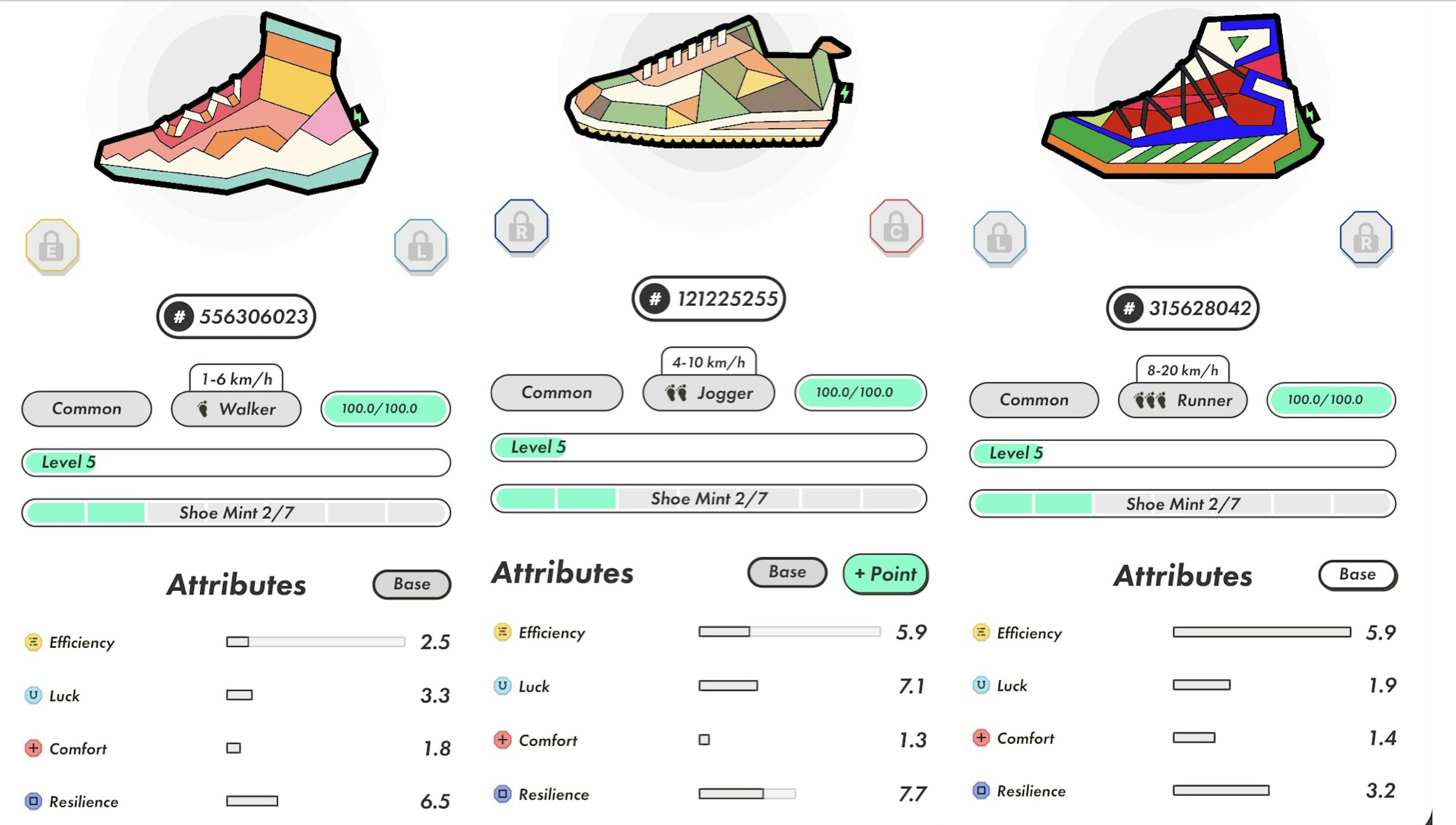 Average prices for sneakers with good base characteristics in April: Walker around $1300, Jogger $1350, Runner $1300. Screenshot from StepN in-app marketplace