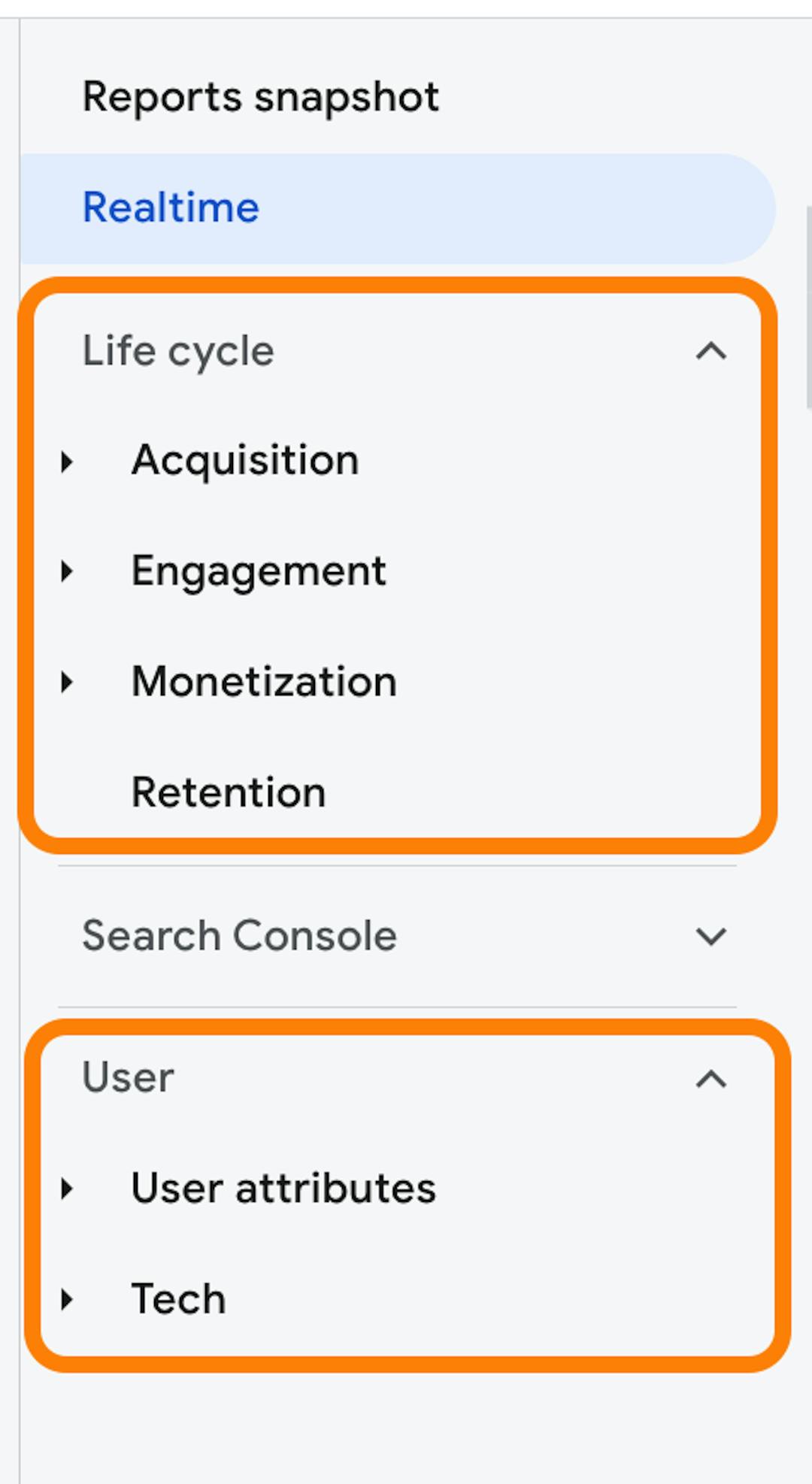 Menu de navigation des rapports GA4