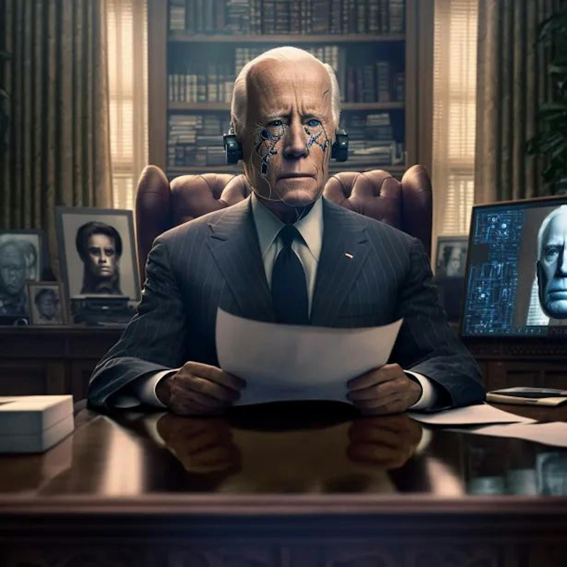 Eingabeaufforderung mitten auf der Reise: fotorealistisches Bild von Joe Biden im Oval Office, der von einem allwissenden KI-Programm politischen Rat einholt.