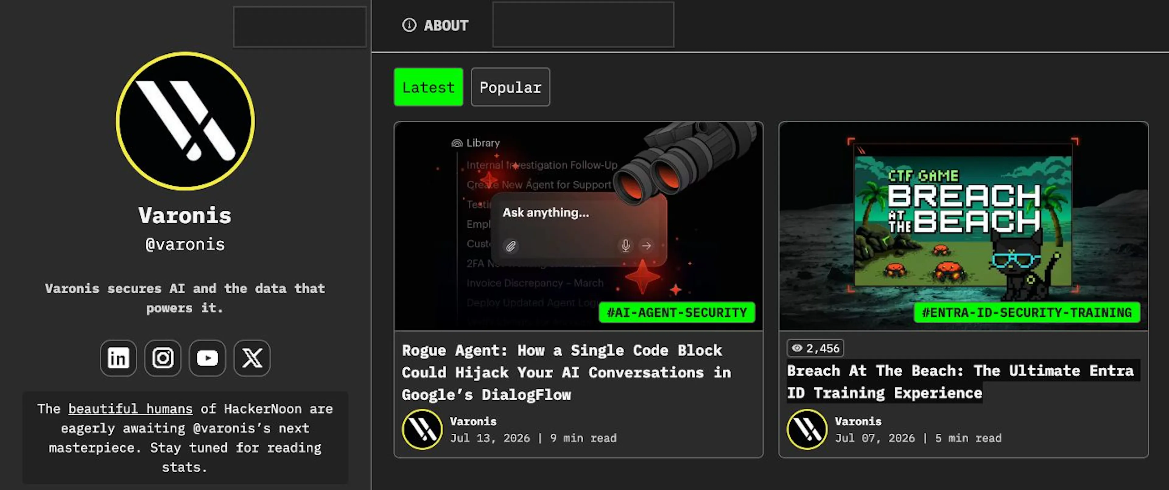 Varonis’ Business Blogging Page on HackerNoon