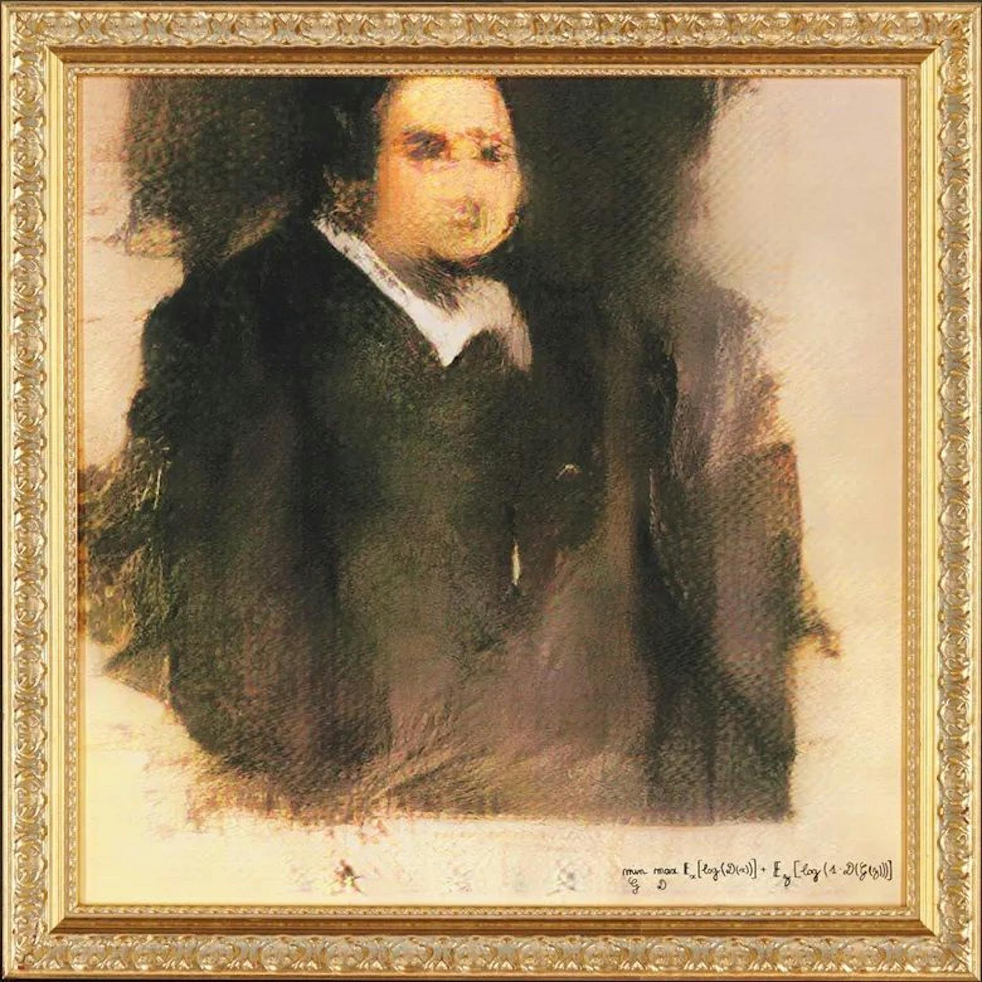 Retrato de Edmond de Belamy, el primer retrato con IA vendido por Christie's por 432.500 dólares. ¿Quién recibe el crédito? ¿Hombre o máquina?