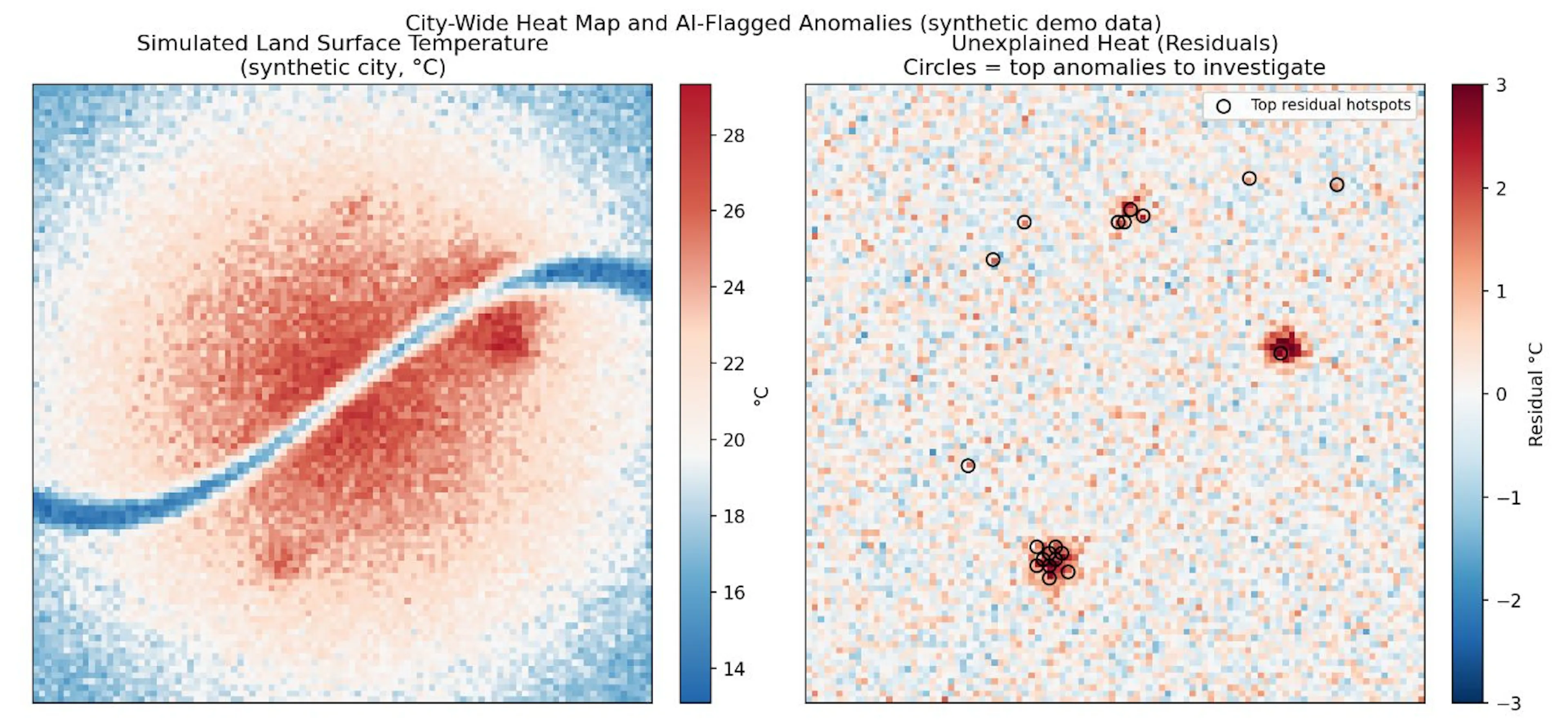 Figure 2: Simulated city temperature (left) and AI-flagged residual hotspots (right). The circles mark pixels hotter than land cover alone predicts.