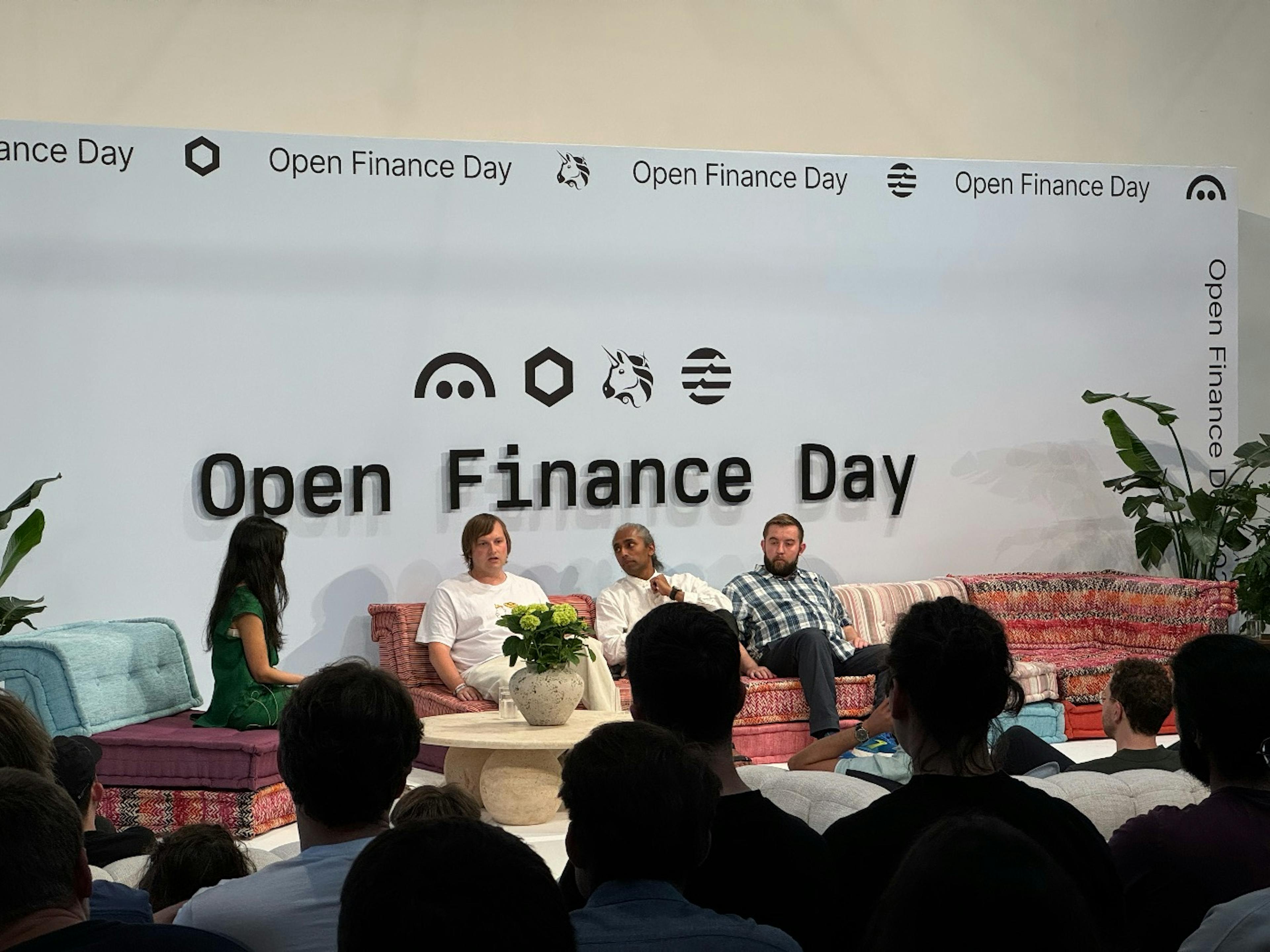 Stani Kulechov, Mo Shaikh, and Sergey Nazarov at Open Finance Day on the panel moderated by Laura Shin