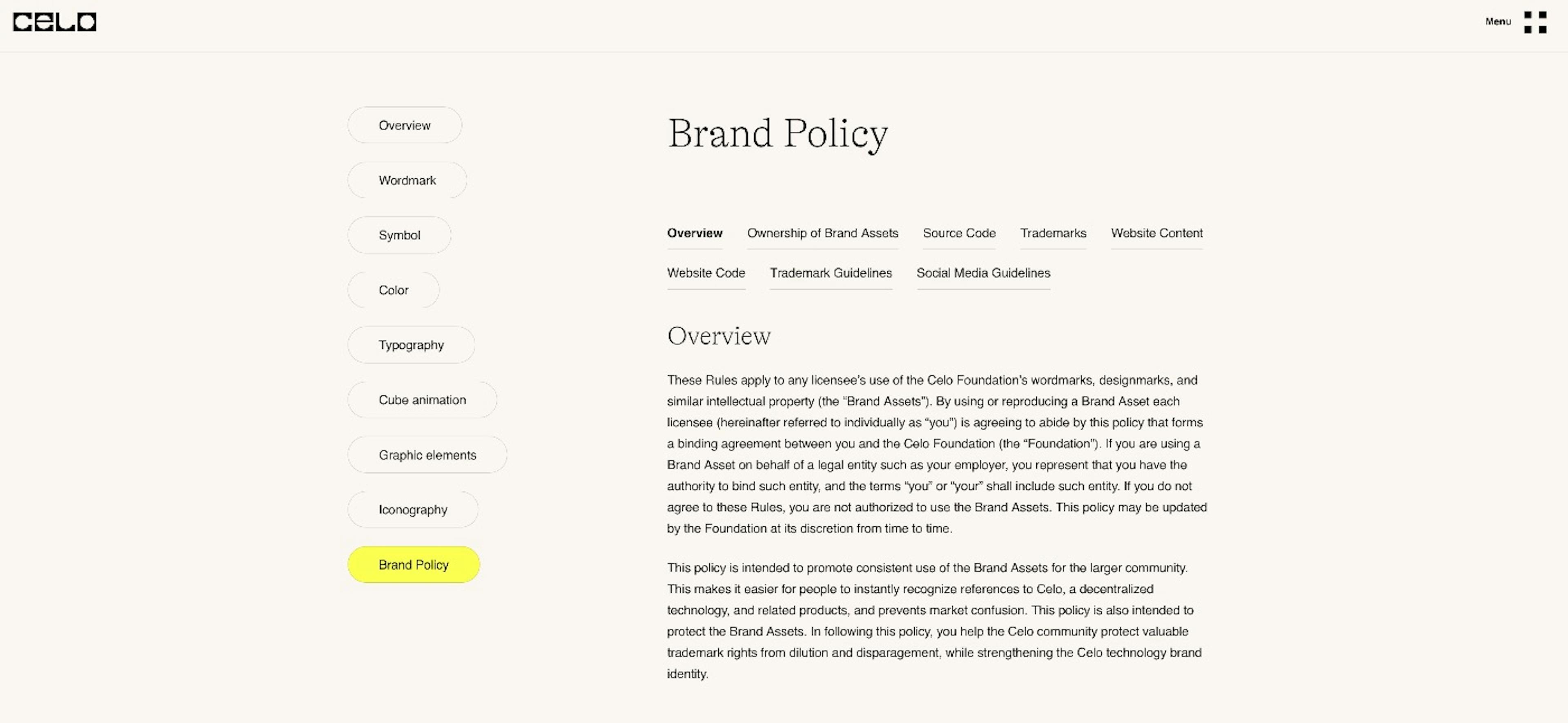 A screenshot from https://celo.org/brand-kit-policy#trademark-guidelines