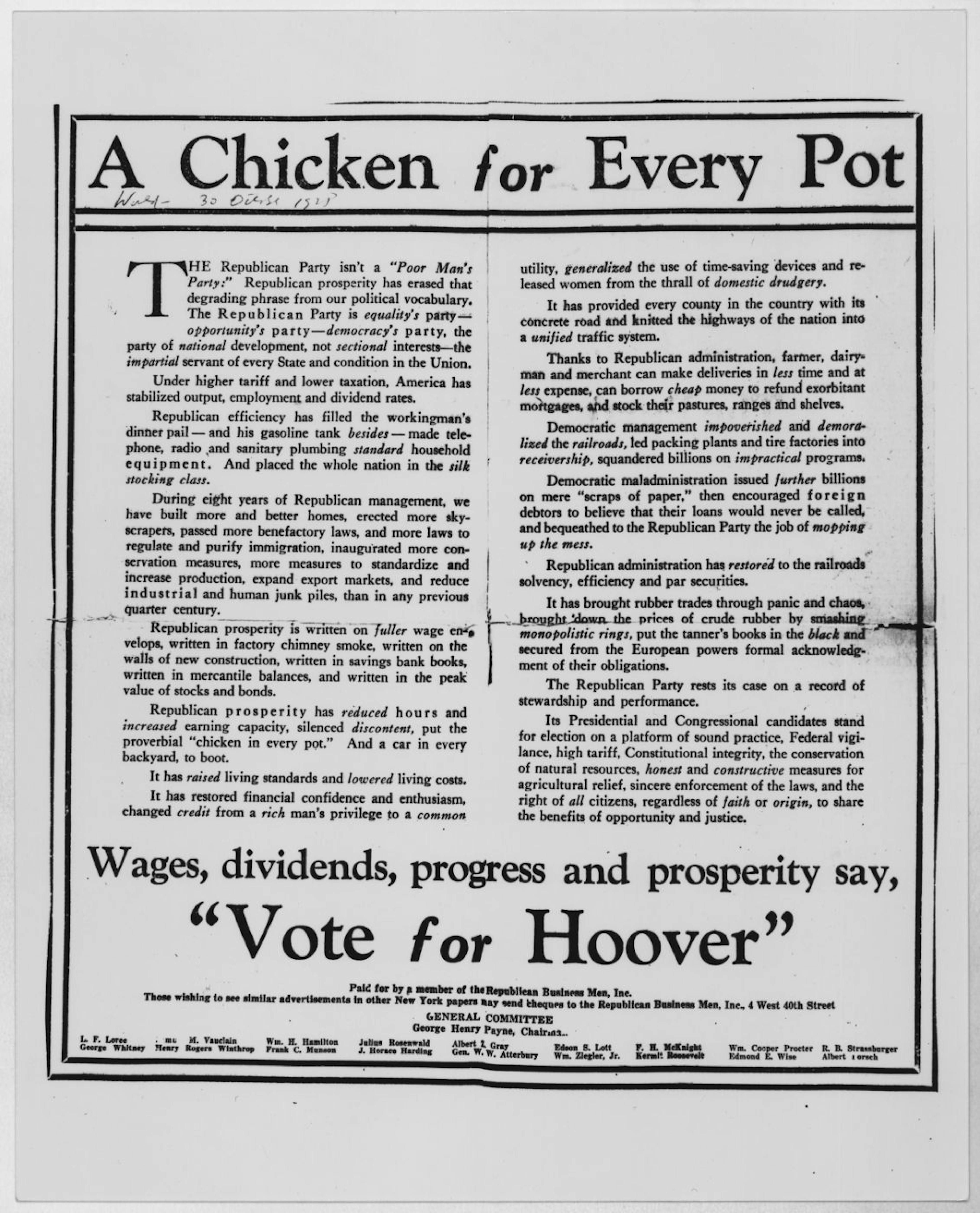 1928 Republican Newspaper Advertisement: This advertisement, associated with Herbert Hoover's campaign, embodies the promise of prosperity.