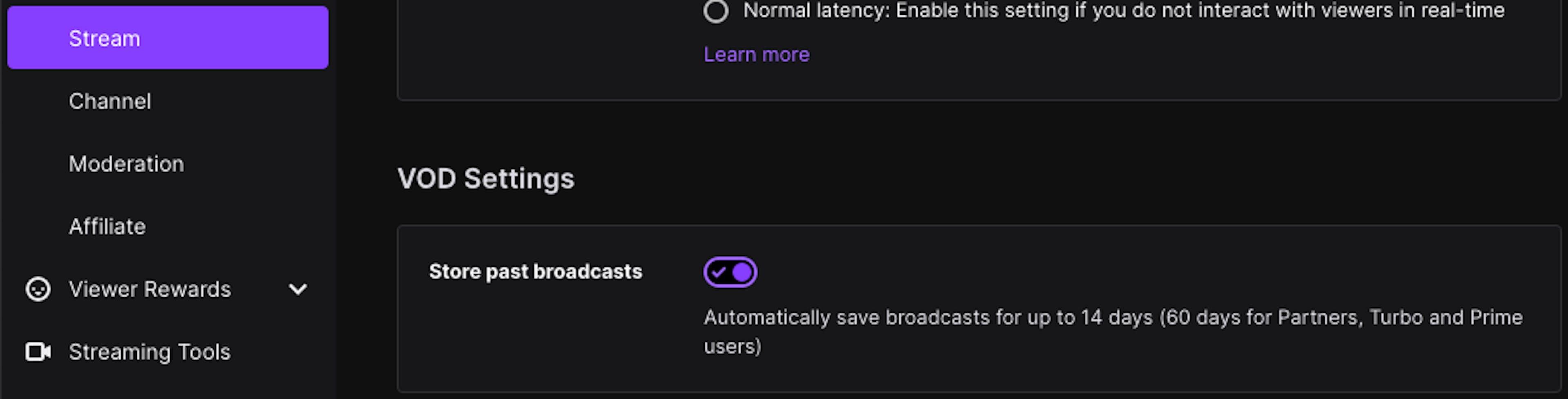 Store past broadcast setting in Twitch stream VOD settings