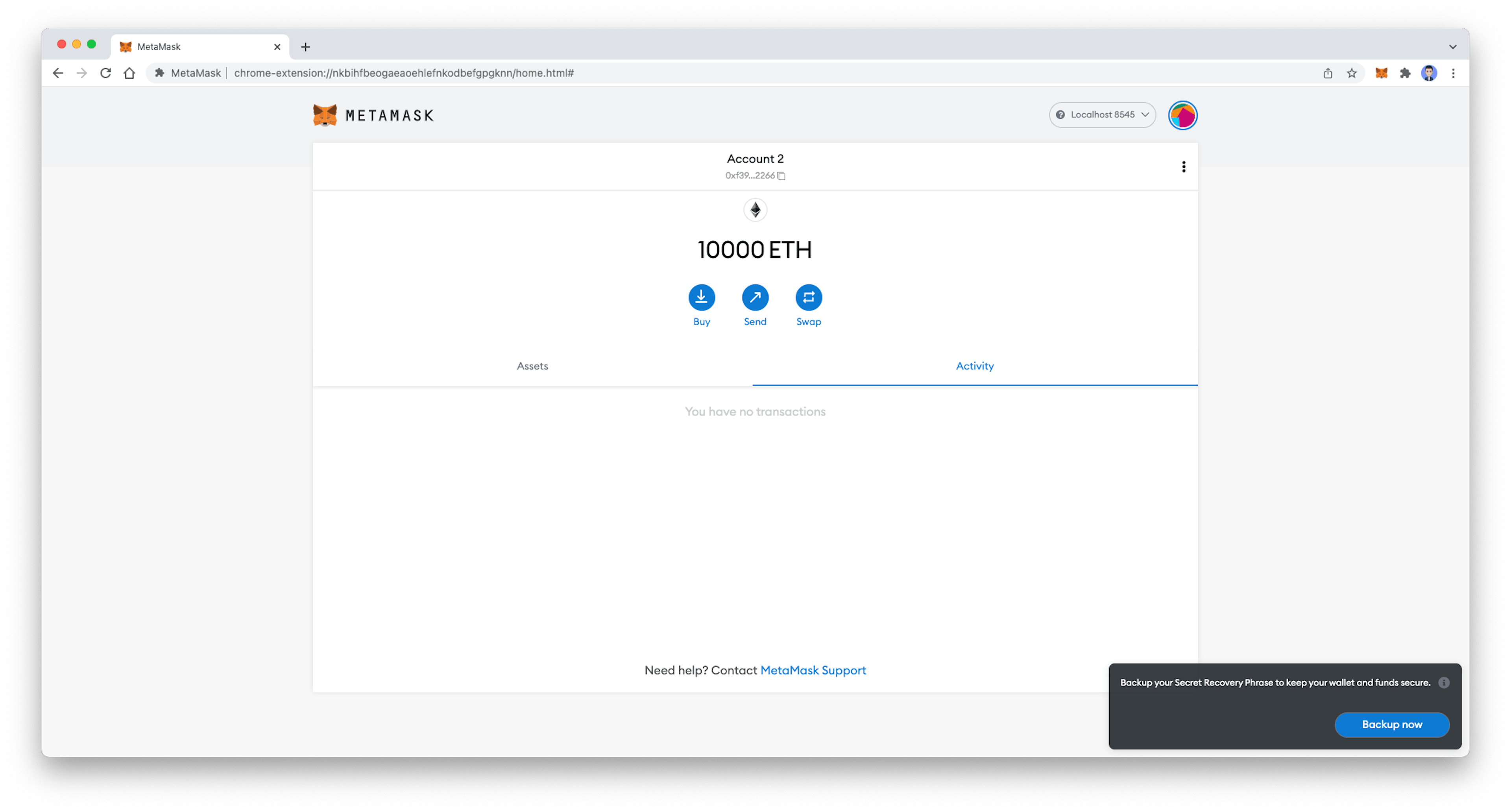 Copy any private key from the account that was logged into your terminal and import it to Metamask