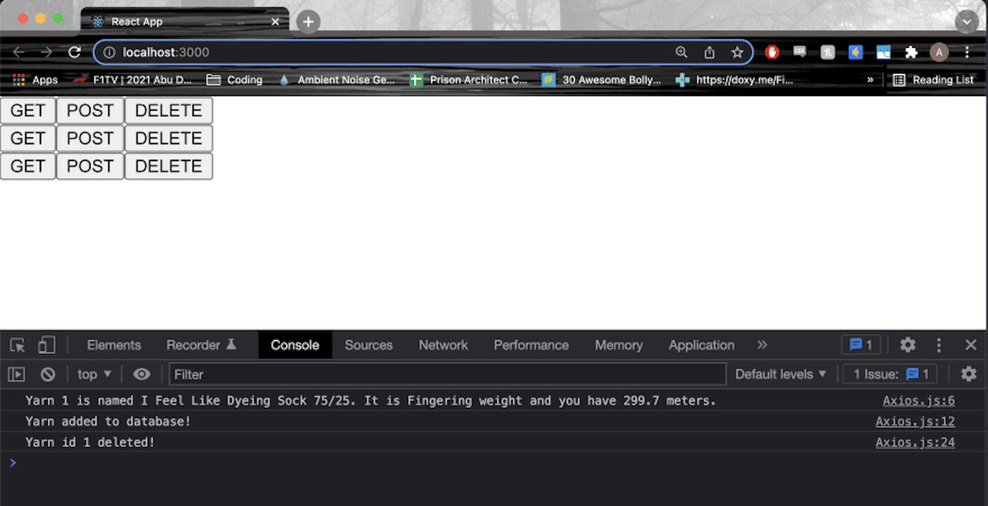 Three rows of GET, POST, and DELETE buttons from the XHR, Fetch, and Axios components are rendered in the browser tab. In the console tab of Chrome developer tools are the 3 string responses we expect from the server.