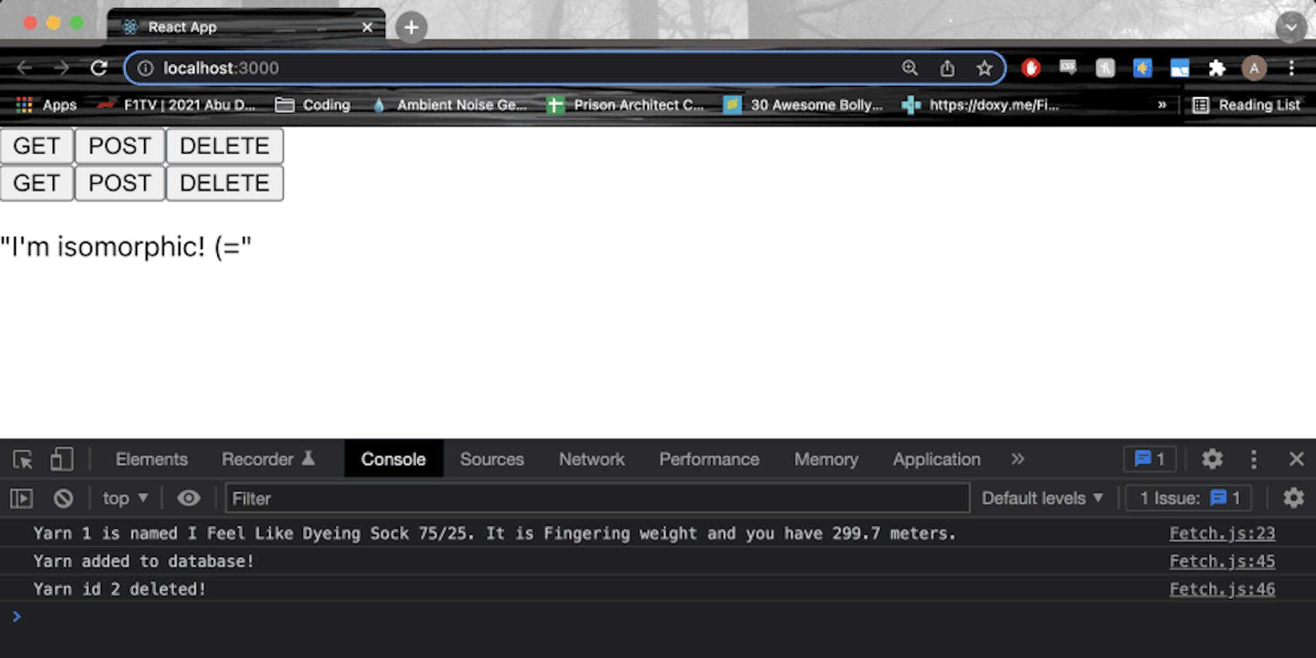 Two rows of GET, POST, and DELETE buttons from the XHR and Fetch components are rendered in the browser tab. In the console tab of Chrome developer tools are the 3 string responses we expect from the server.