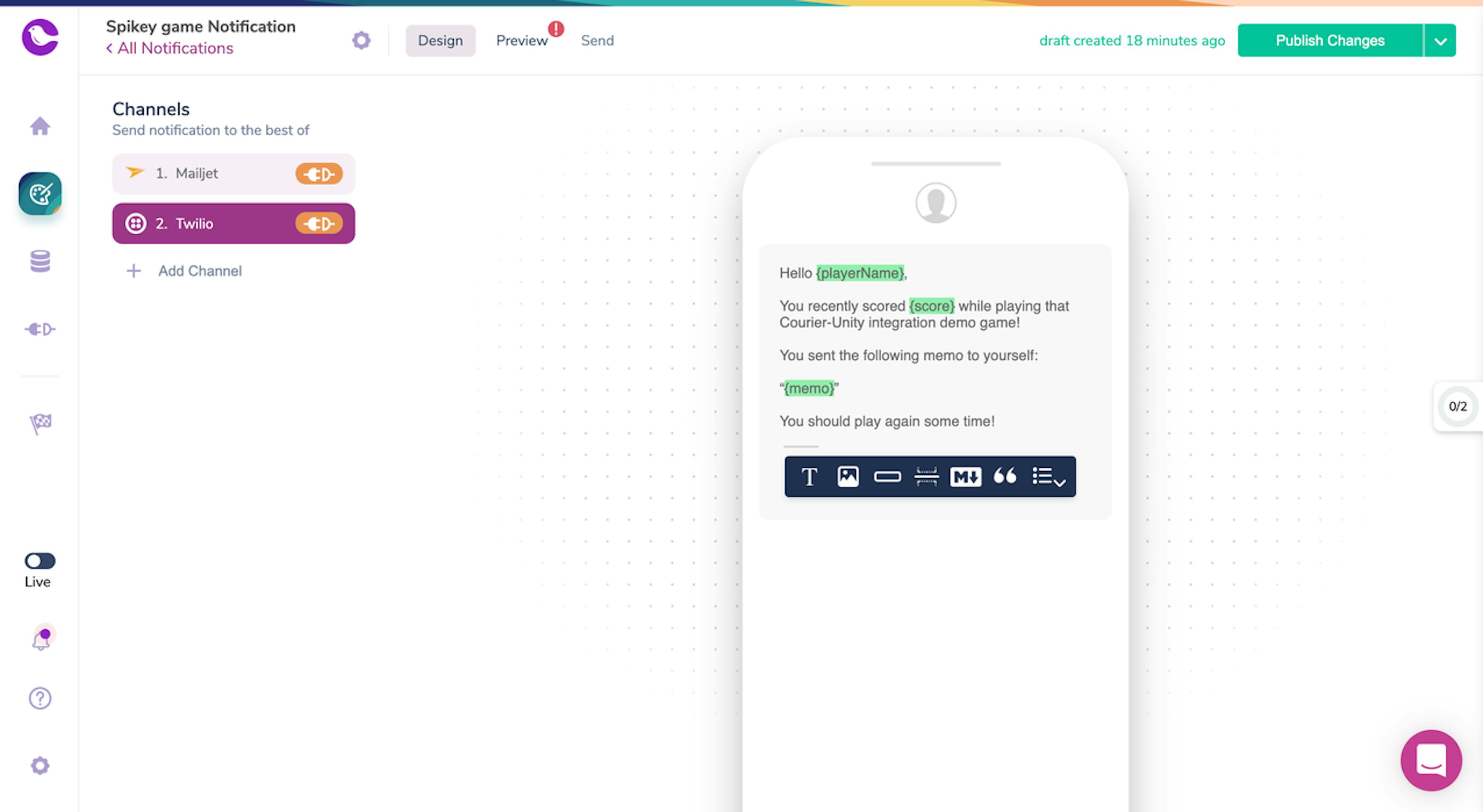 Courier dashboard displaying the SMS editor