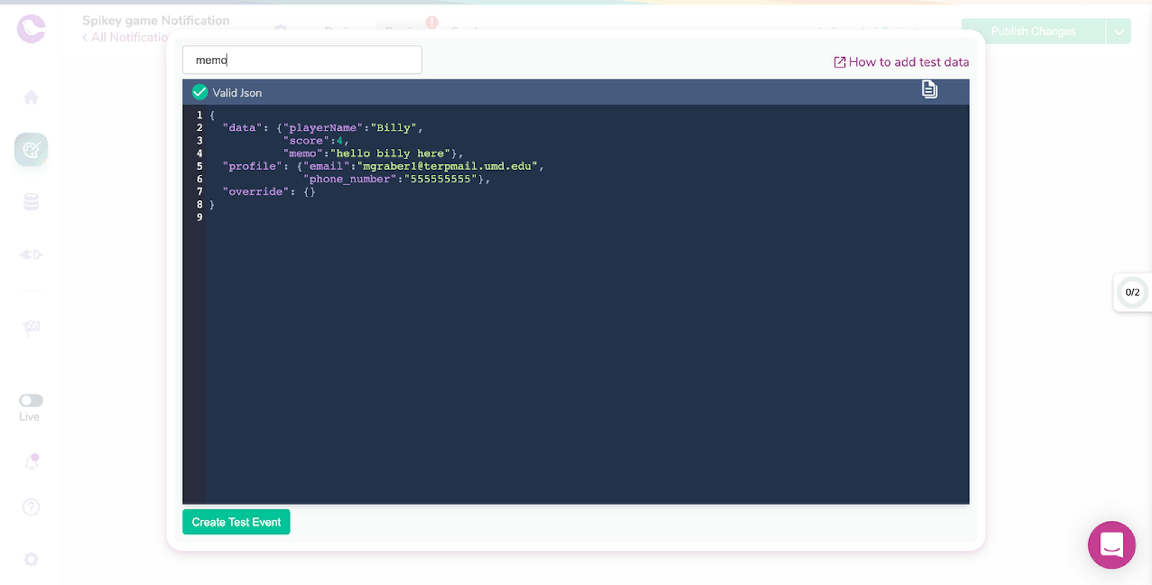 Courier dashboard displaying how to send a test event with the Json editor