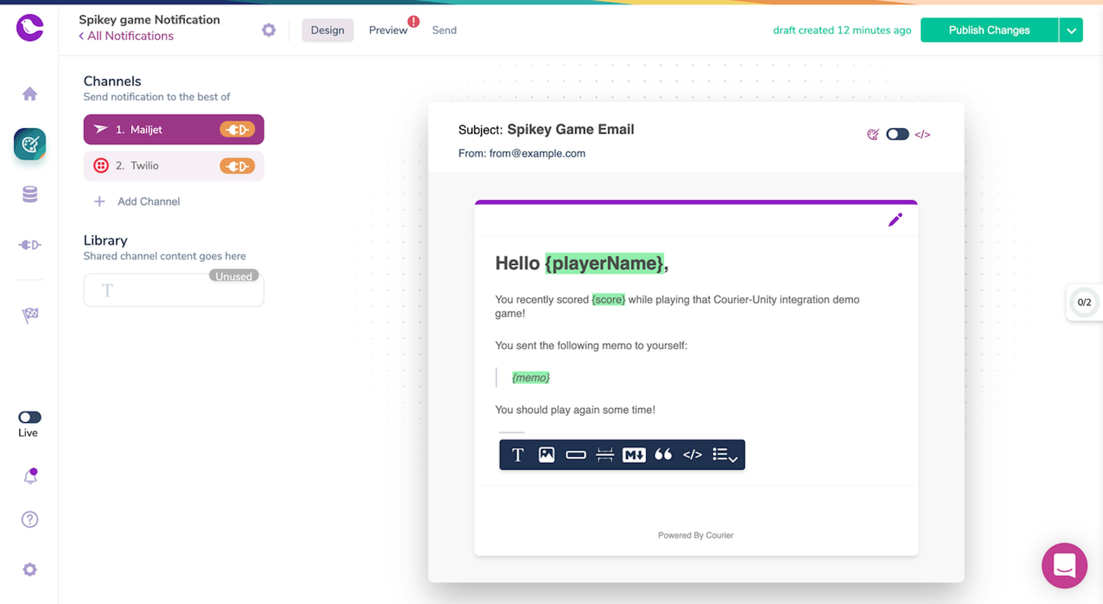 Courier dashboard displaying the template editor