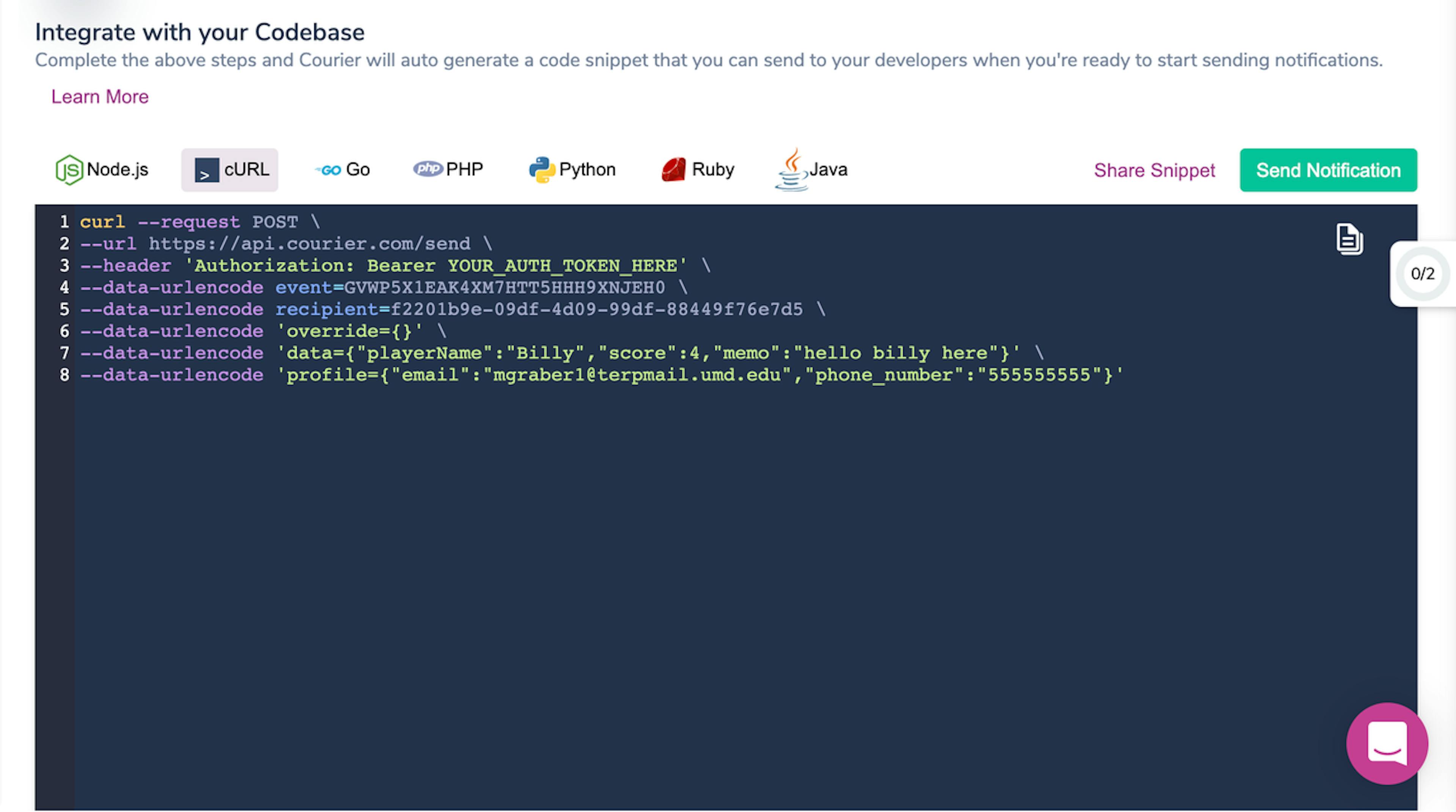 Courier dashboard displaying codebase integration page