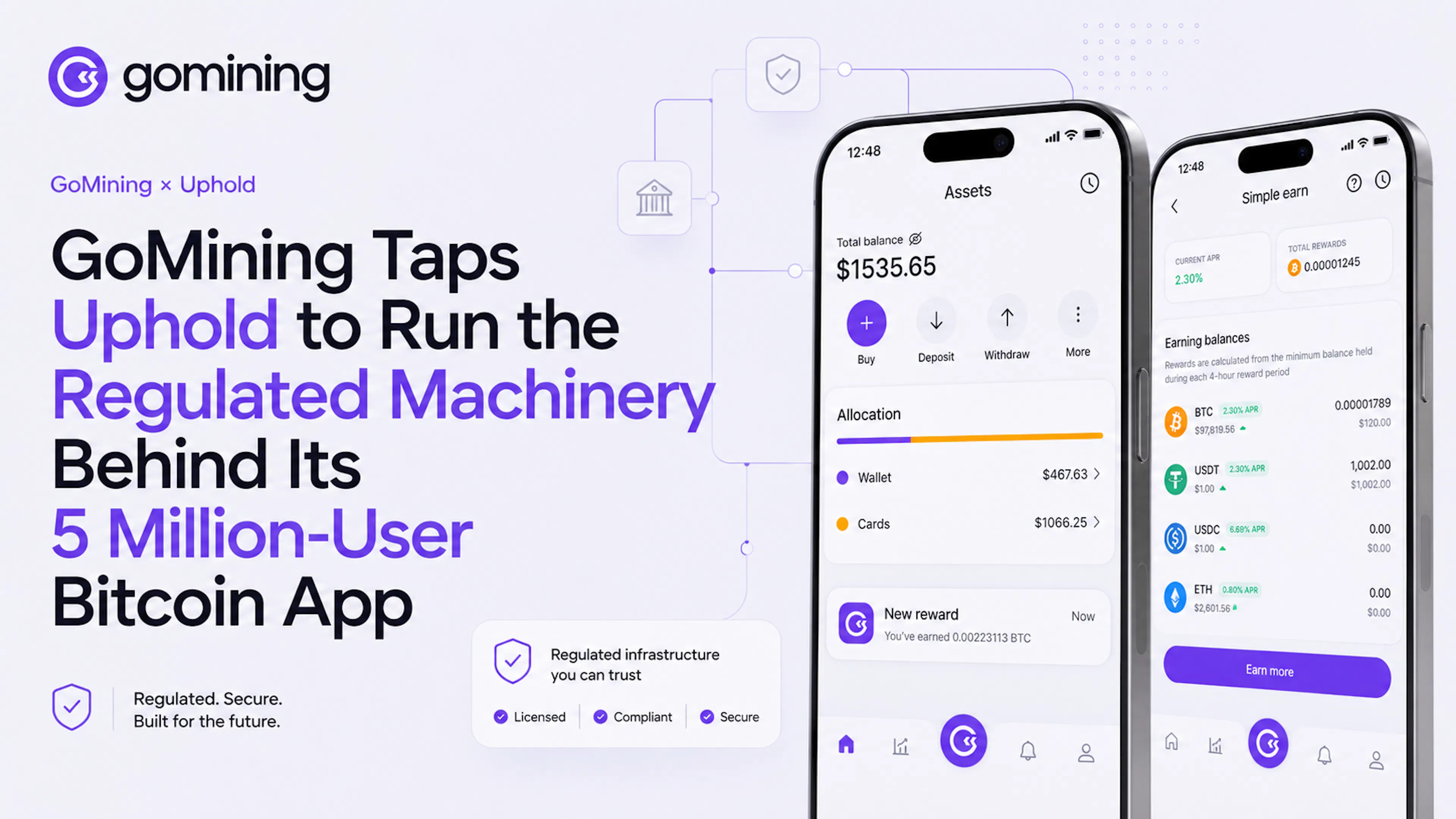 featured image - GoMining Taps Uphold to Run the Regulated Machinery Behind Its 5 Million-User Bitcoin App