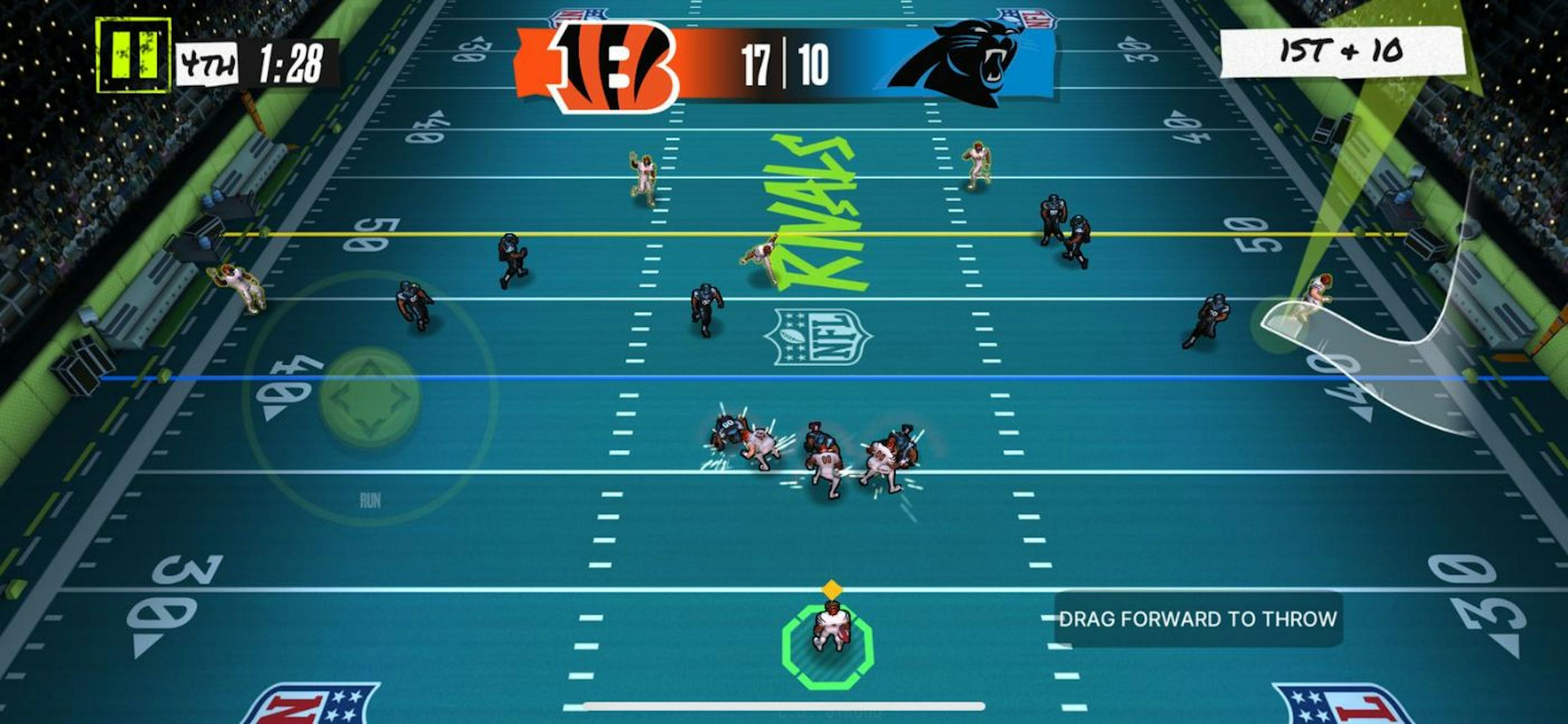 Attack Gameplay for NFL Rivals: Move joystick to doge players and draw to throw forward 