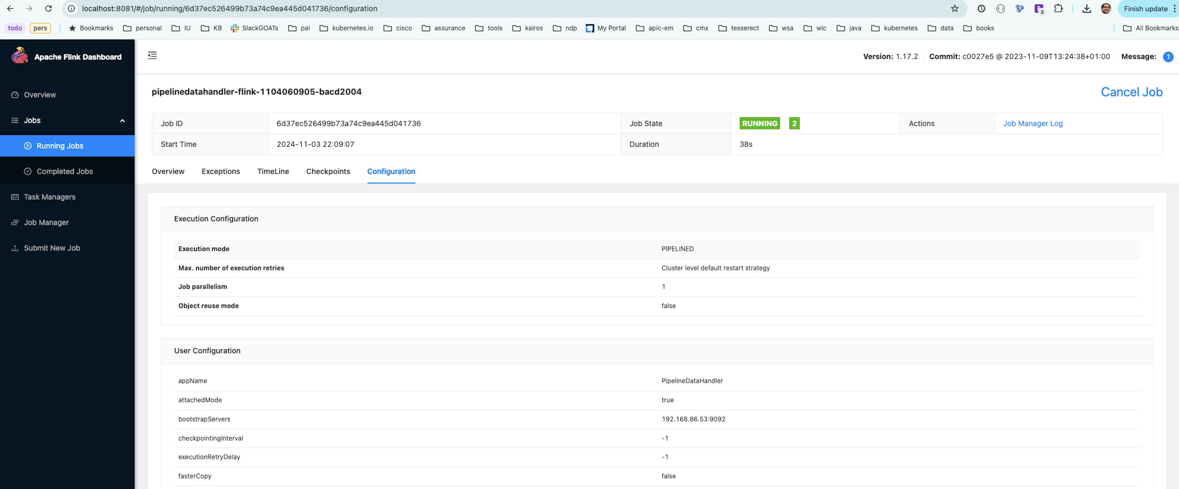 figure: flink console with pipeline configuration(default)