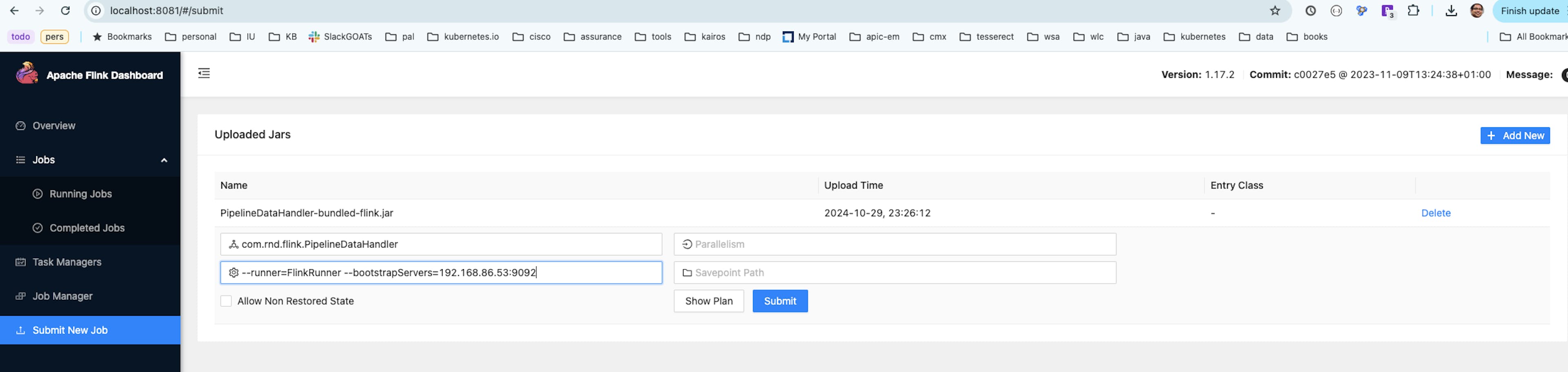 figure: flink console to deploy the pipeline