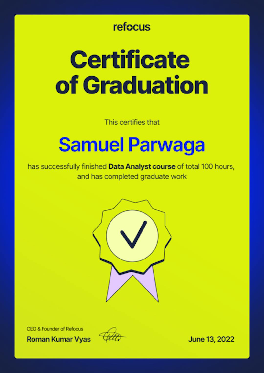 Example of the certificate