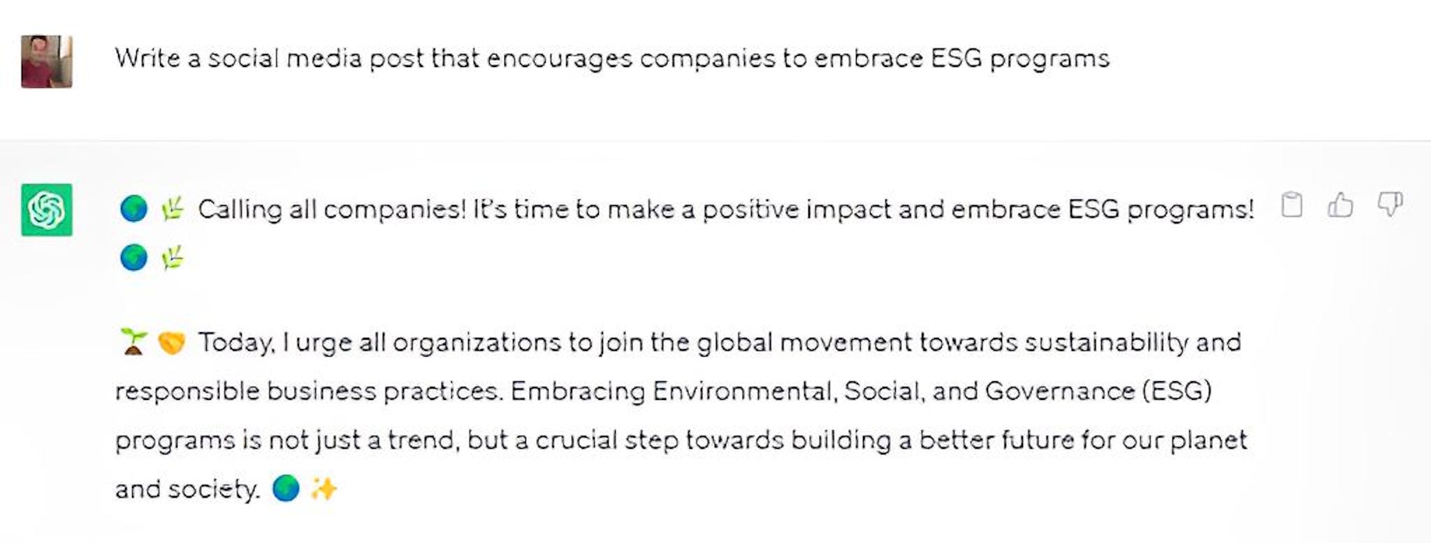 Image: AI-generated social media post about ESG, ChatGPT