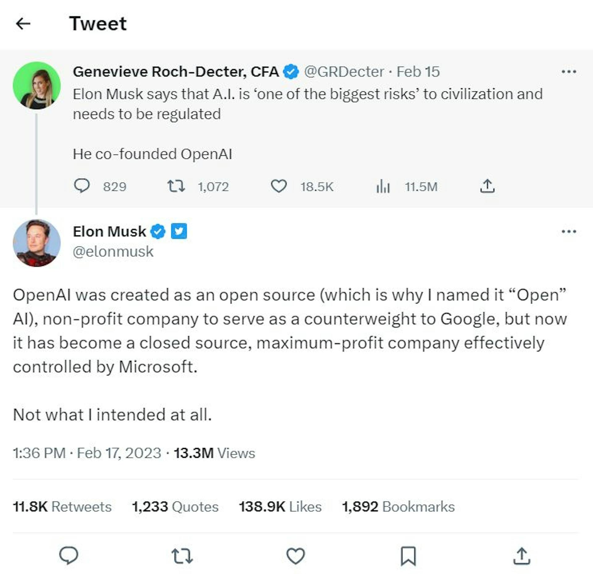 Image: Elon Musk commenting on the original intention behind OpenAI. Twitter