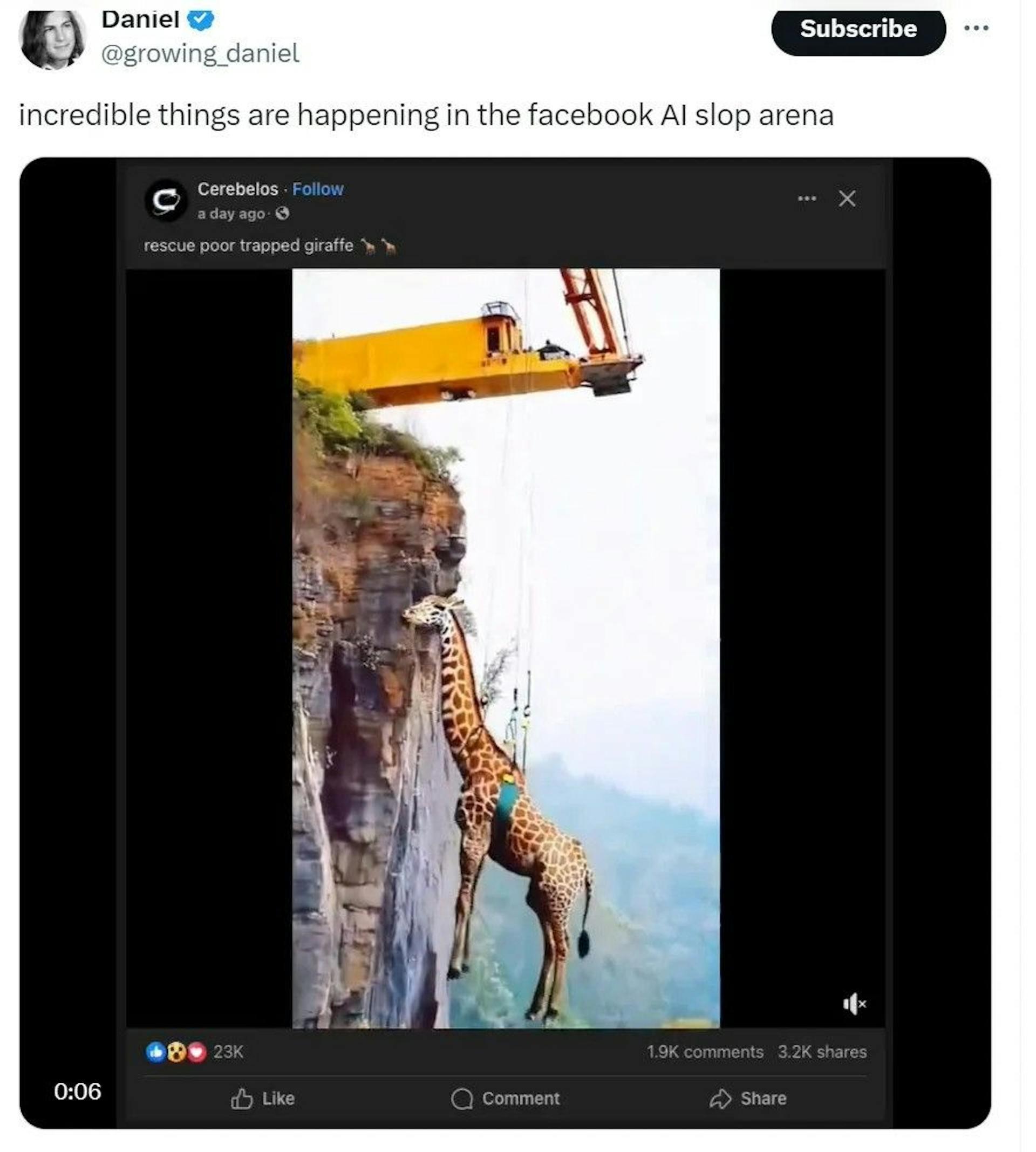 Fake giraffe video from Facebook. Credits in image