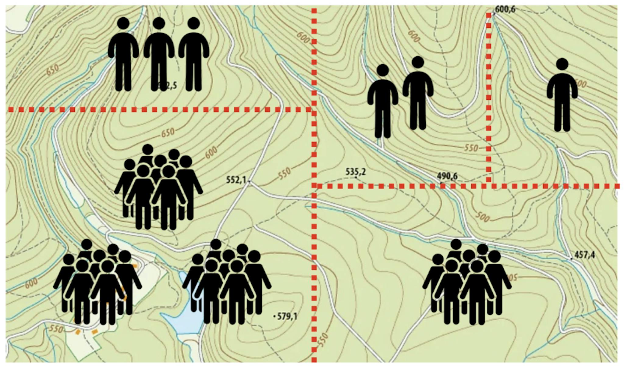 Fig. 3: Para los primeros humanos, la tierra completa podía verse como una nación completa. A medida que aparecen más humanos, las tierras se segregan en secciones más pequeñas llamadas países con su propio gobierno.