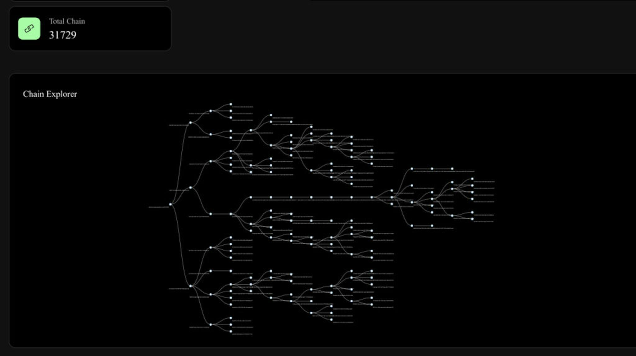 Fig 5 : Capture d'écran de l'explorateur de chaînes Darwin. Chaque ligne de l'arborescence est une blockchain fonctionnant indépendamment.