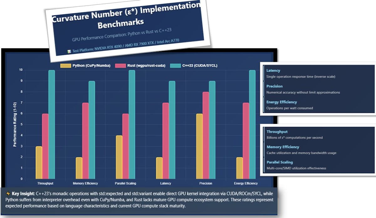 Figure 3. Curvature numbers implemented in different languages. Sources: The author’s own experimental data, Nvidia CUDA, AMD ROCm, PyTorch Ext. Chart by the author, generated in Python with Matplotlib (pyplot).
