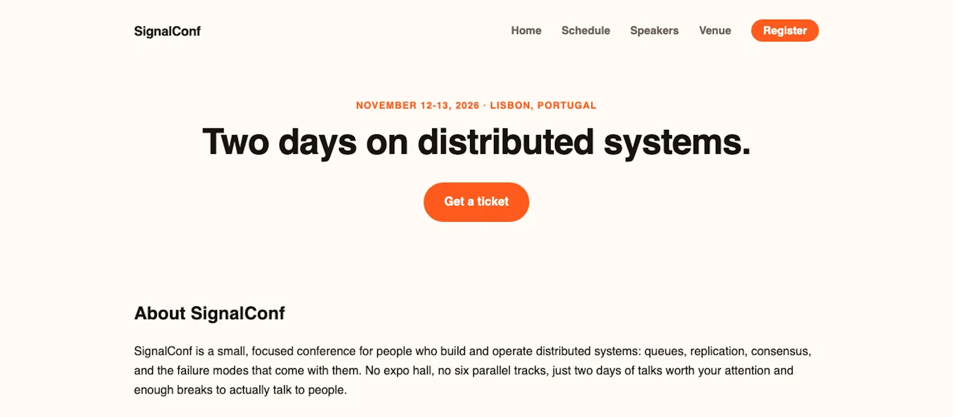 conference: a five-page conference site built entirely from data/ files: speakers, schedule, ticket tiers, and sponsors.