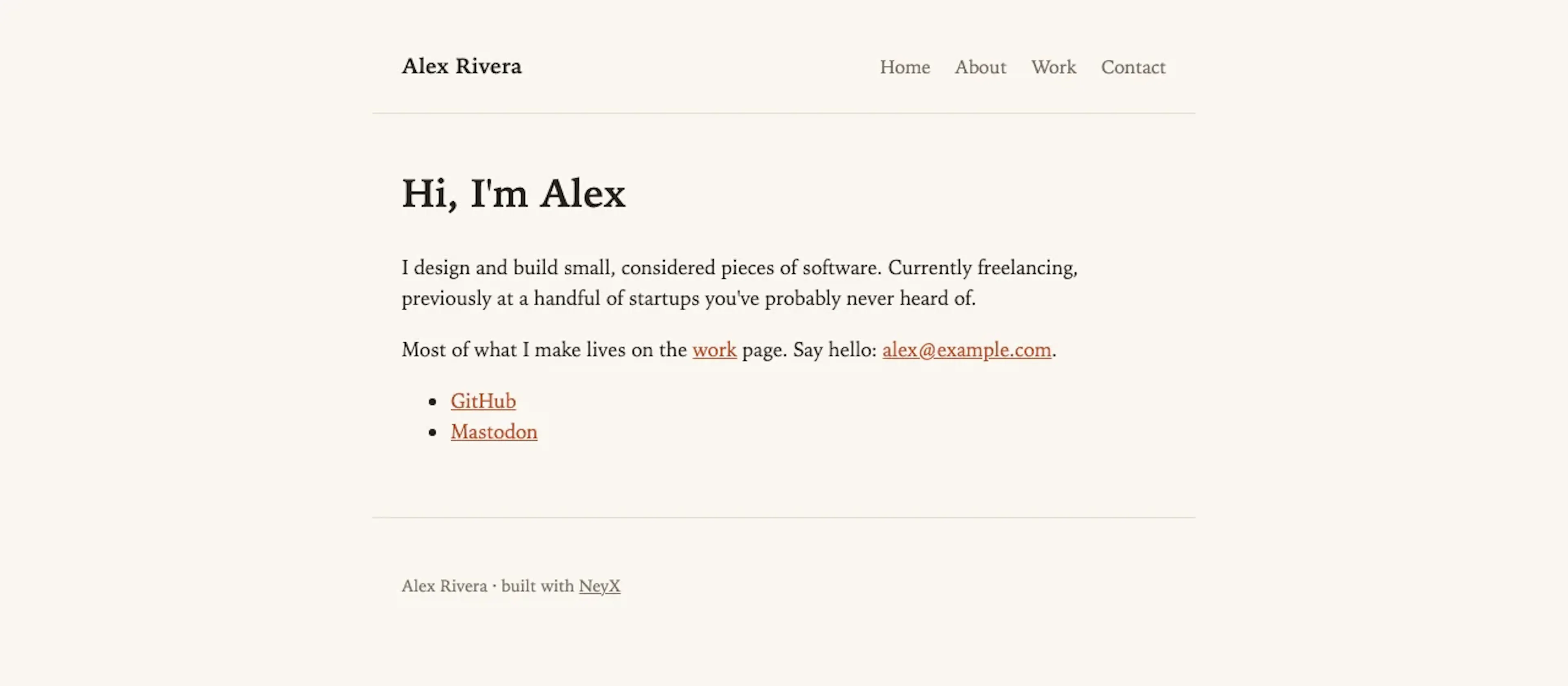personal-website: a single-language personal site: plain pages, a data-driven nav, no dates or collections.