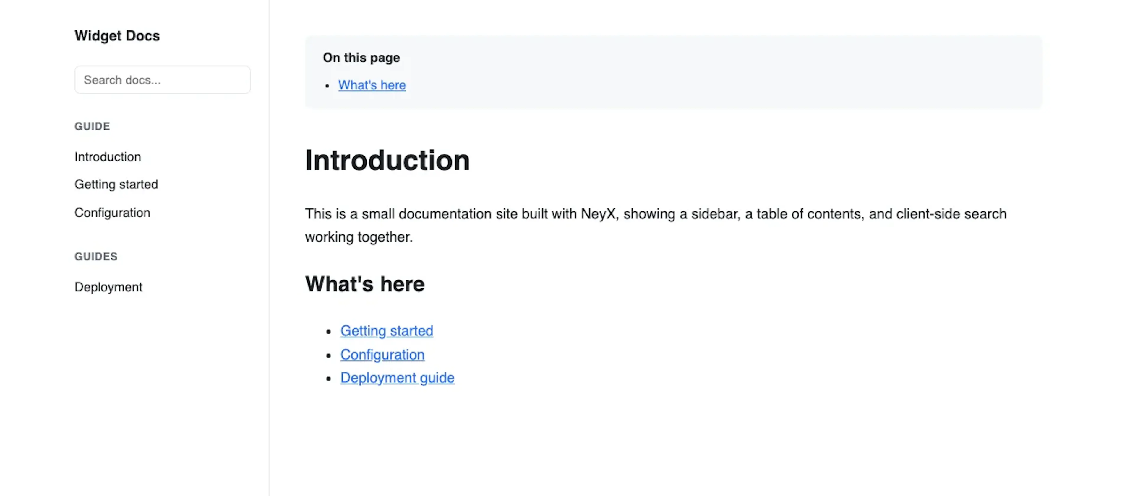 docs-site: documentation: a sidebar from a data file, nested pages, client-side search, raw HTML mixed with Markdown.