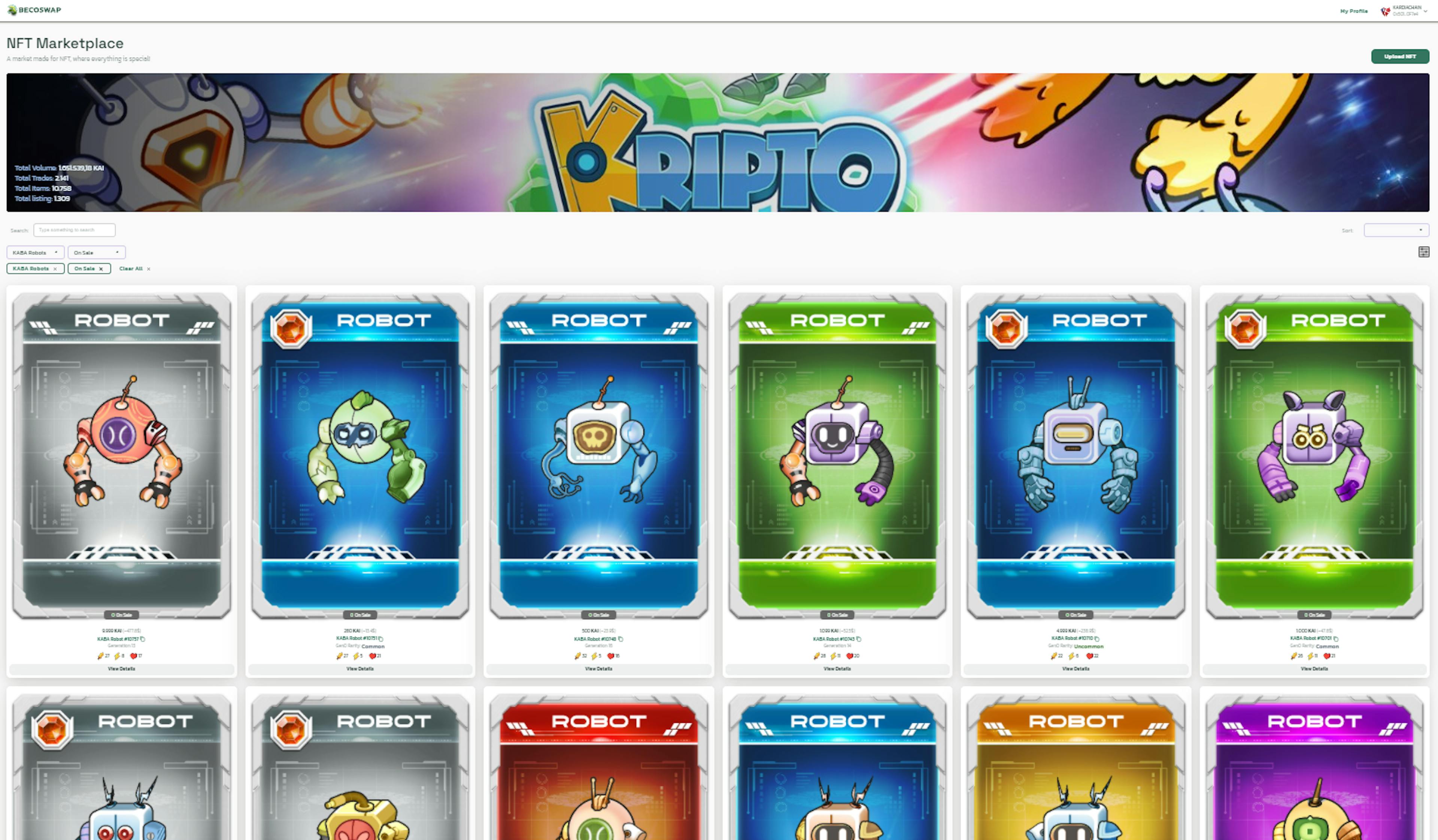 BECOSWAP NFT Marketplace, where Kripto Galaxy Battle in-game characters are on sale.