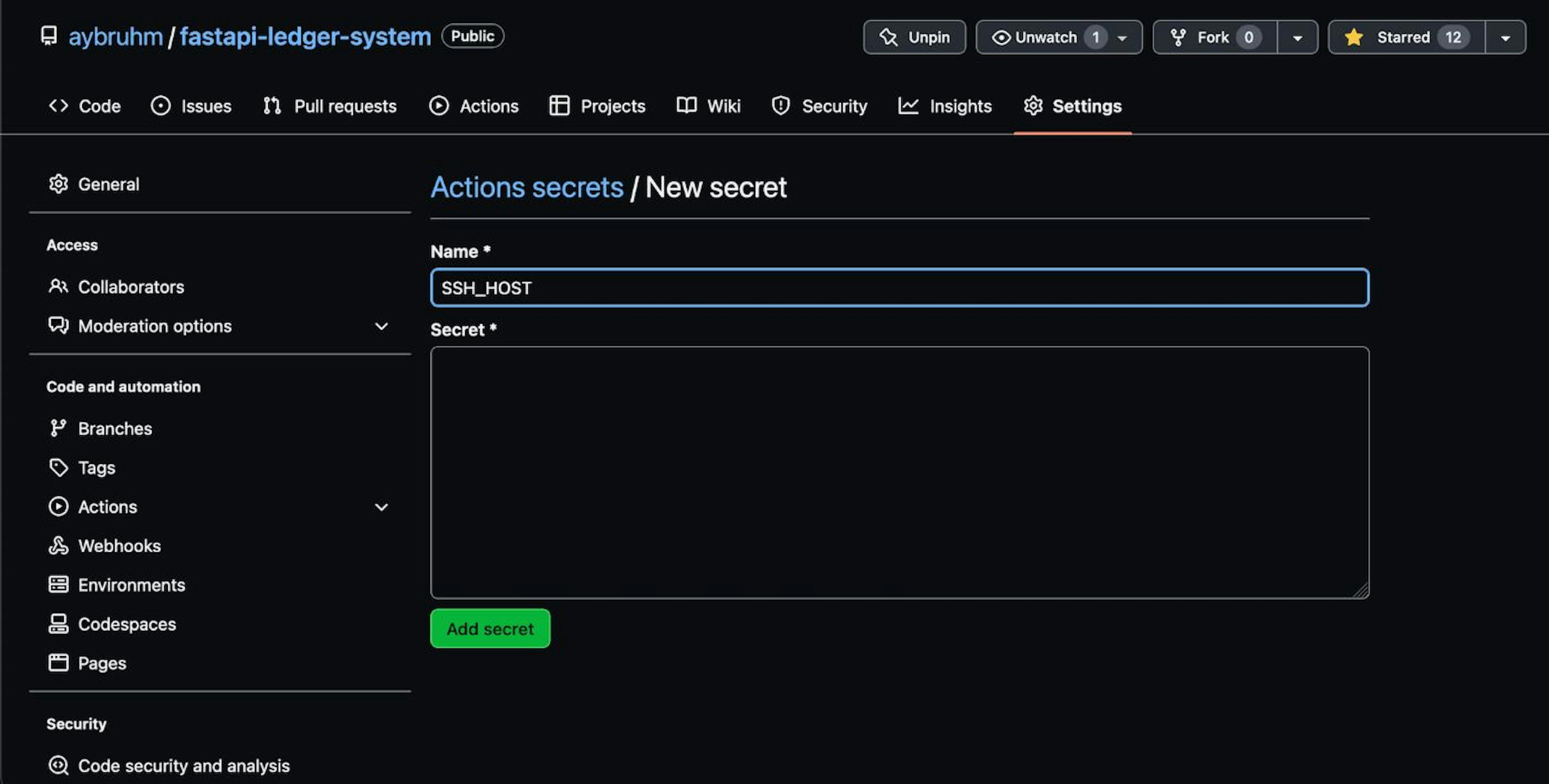 screenshot showing how to add a new repository secret