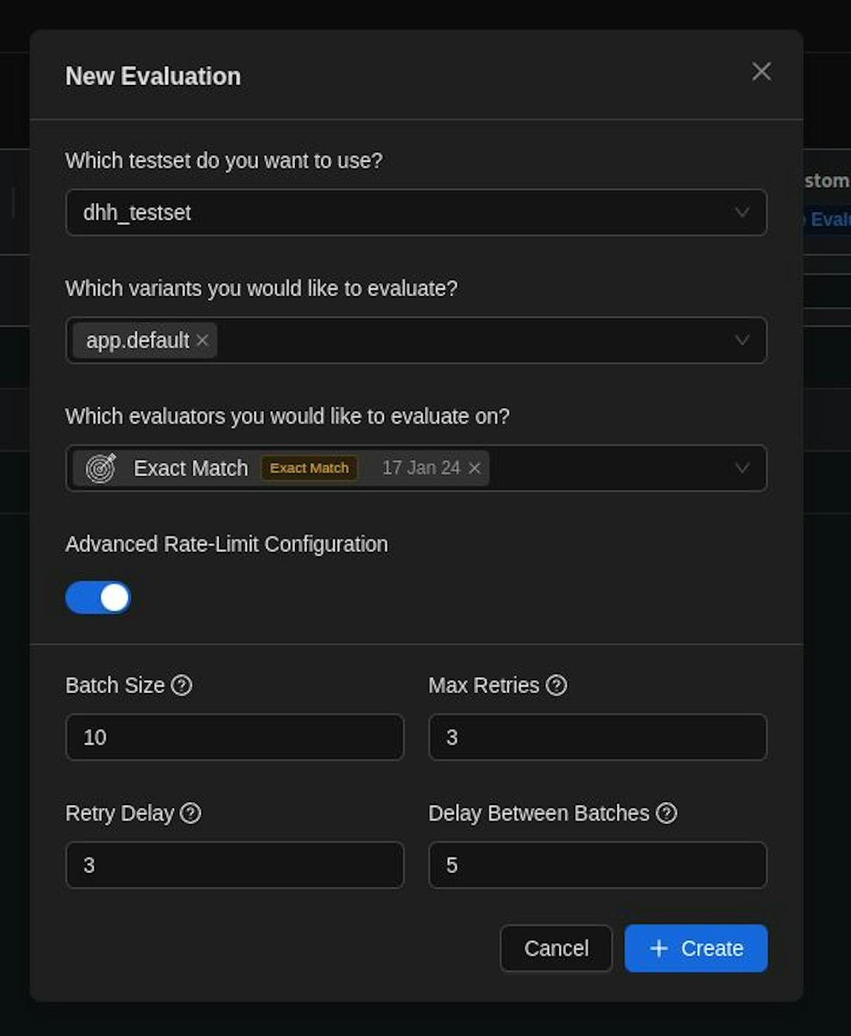 la interfaz de usuario (interfaz de usuario) para crear una nueva evaluación en agenta.ai