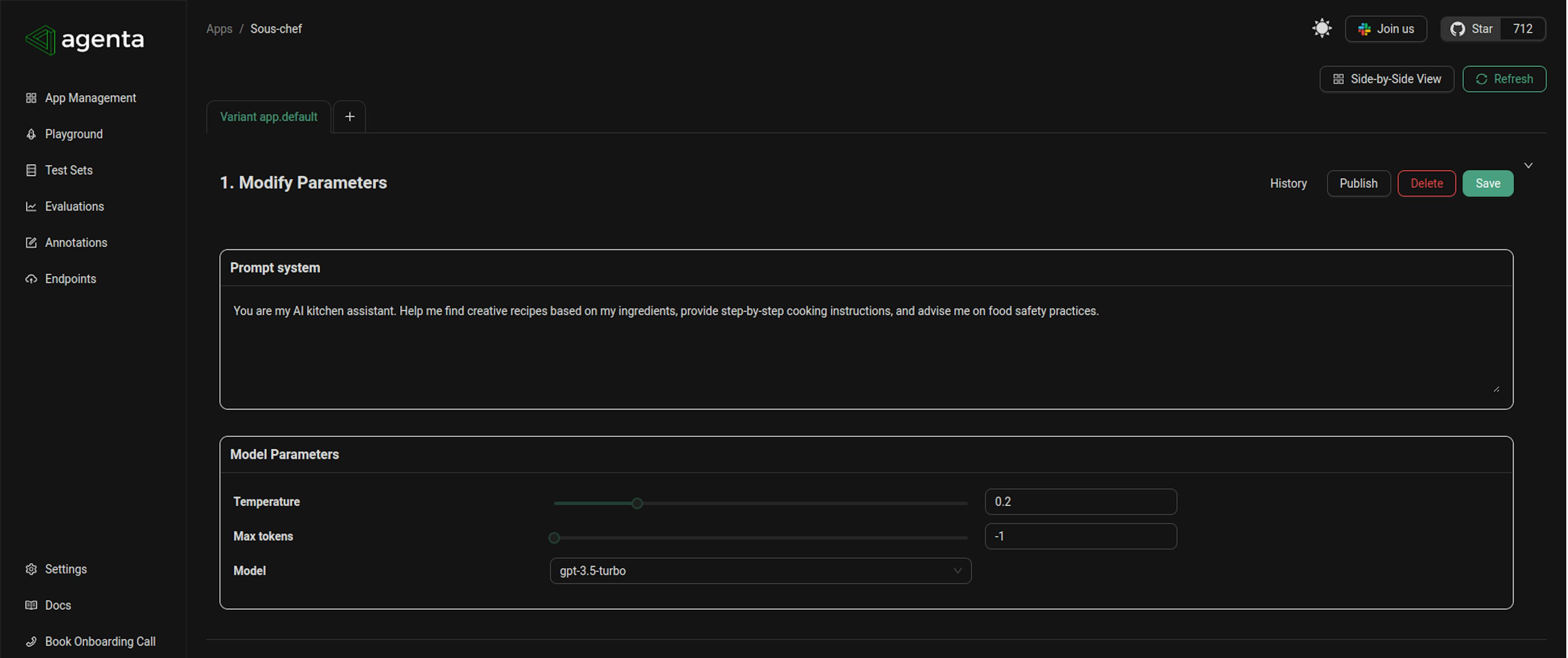 image one - playground of the kitchen assistant showing the prompt system and model parameters