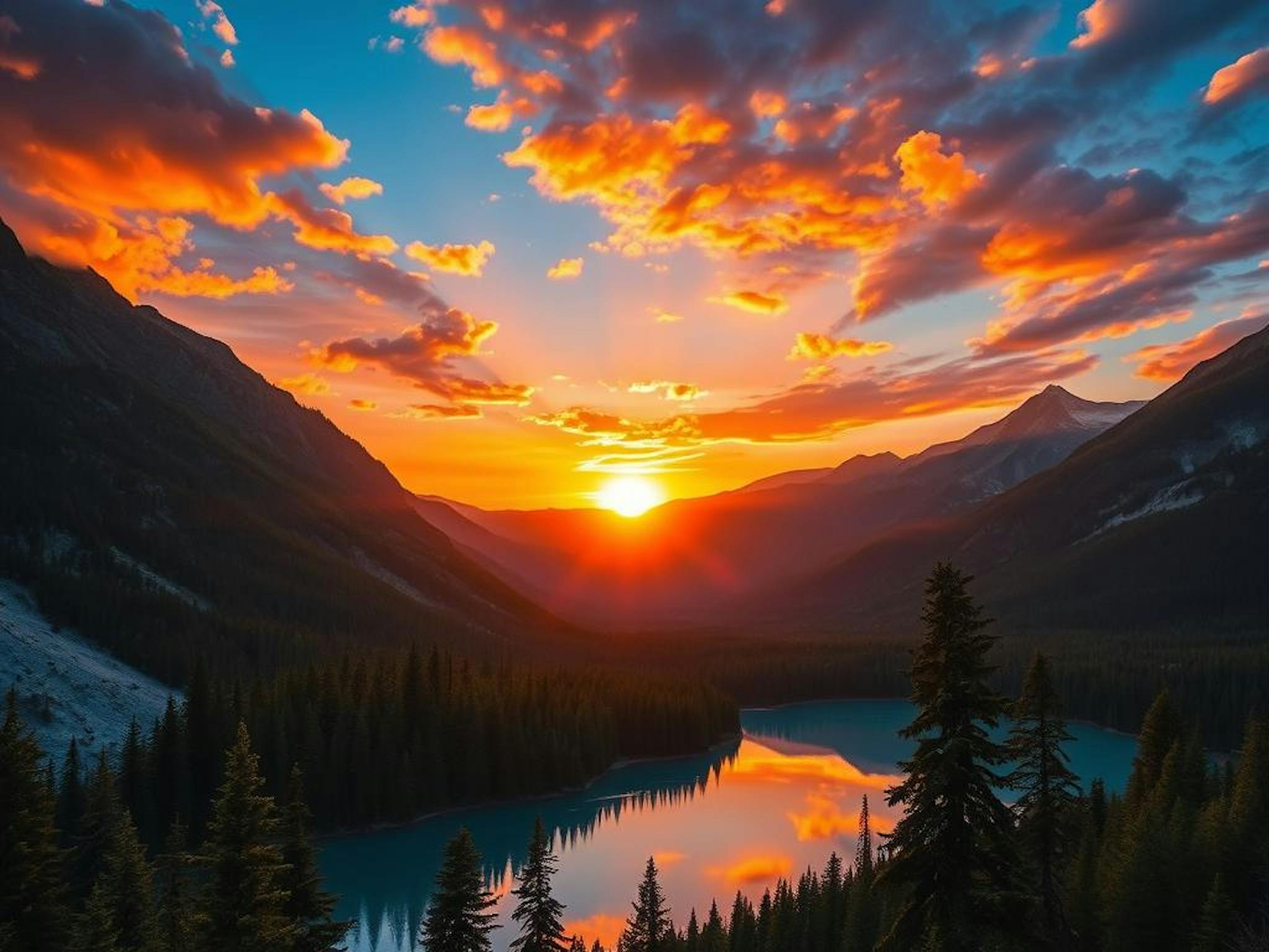 "The most beautiful sunrise ever seen with the sun visible fully, with mountains, Bright colors, vivid hues, amazing picture, water and trees, multicolored sky, an awesome, awe-inspiringly beautiful image."