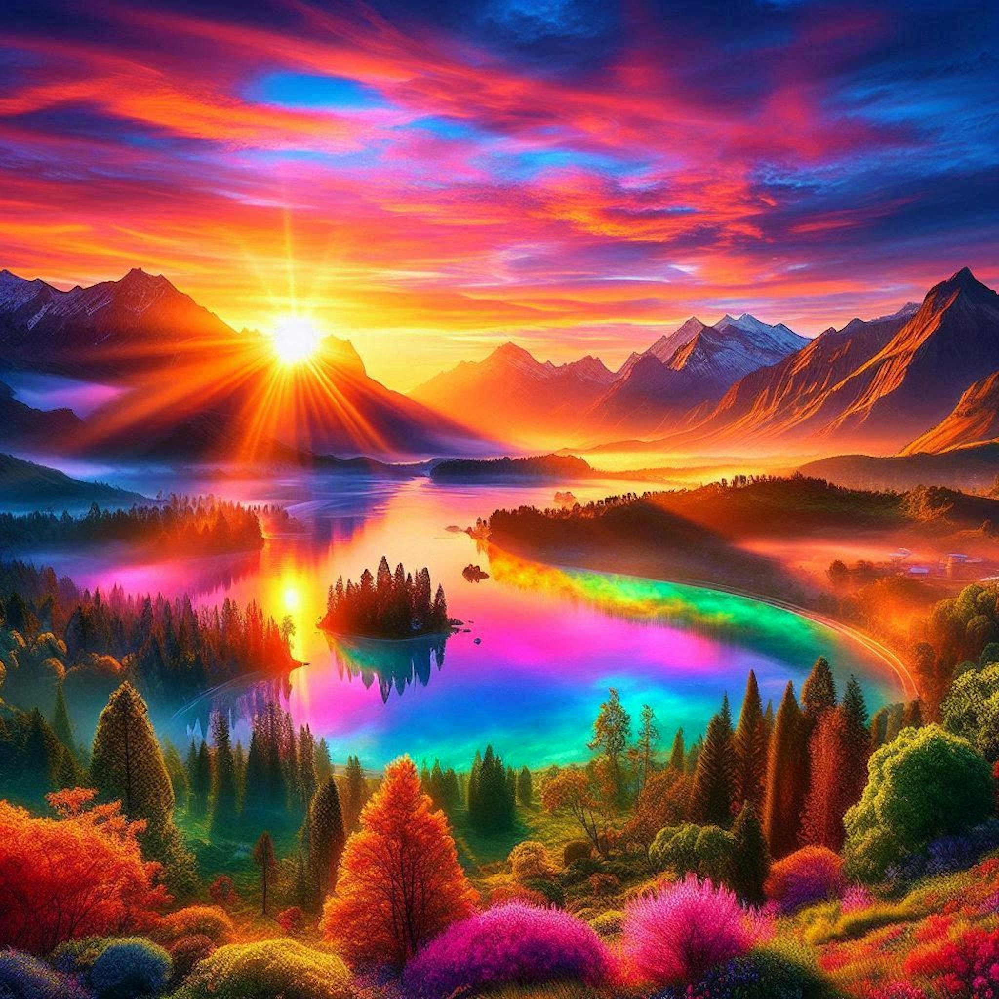 "The most beautiful sunrise ever seen with the sun visible fully, with mountains, Bright colors, vivid hues, amazing picture, water and trees, multicolored sky, an awesome, awe-inspiringly beautiful image."