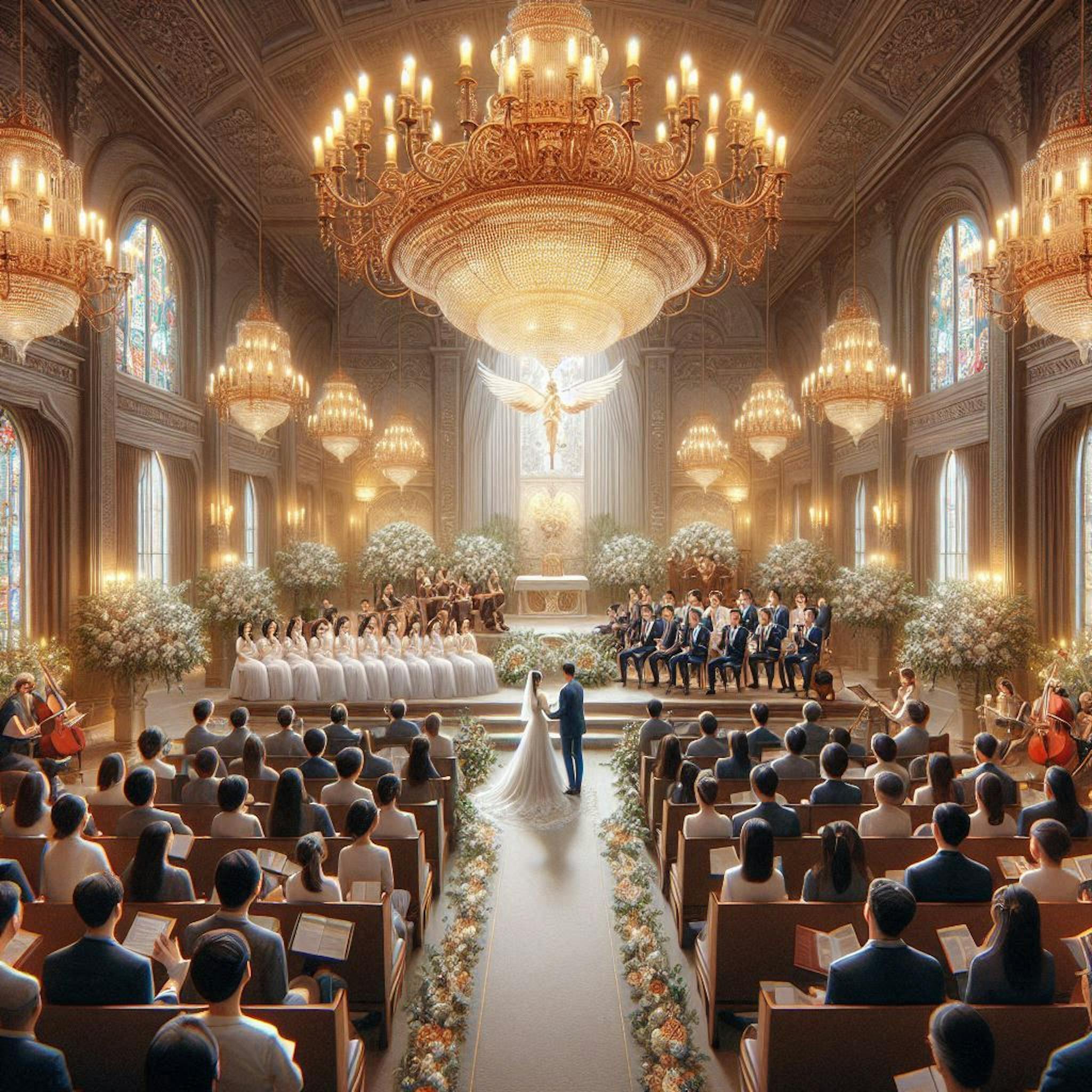 "A Chinese Christian Wedding. Luxurious settings. Beautiful picture, bride, groom, and parents and family on both sides, both young and old. Photorealistic. Choir with an orchestra of instruments. Panoramic Picture."