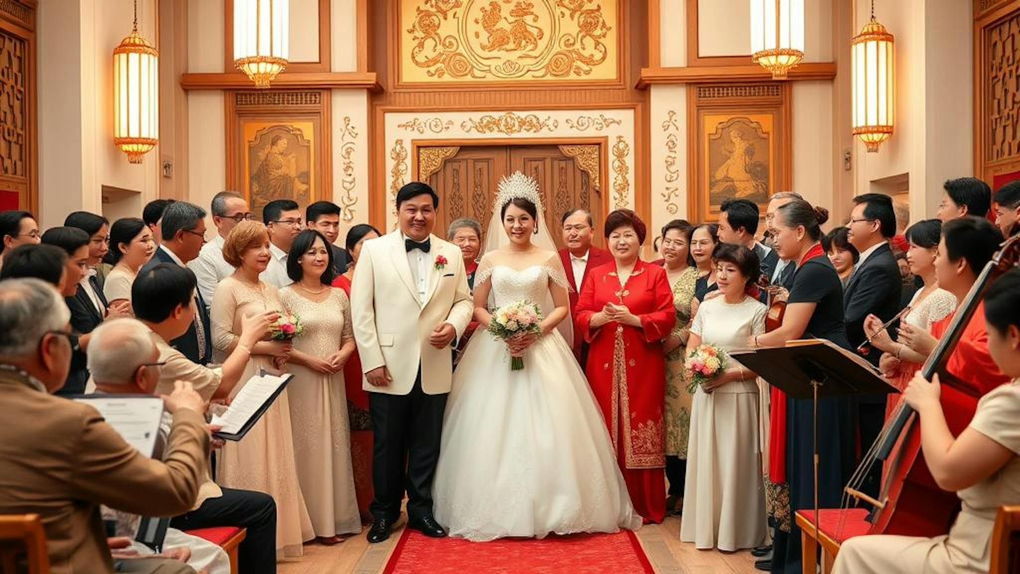 "A Chinese Christian Wedding. Luxurious settings. Beautiful picture, bride, groom, and parents and family on both sides, both young and old. Photorealistic. Choir with an orchestra of instruments. Panoramic Picture."