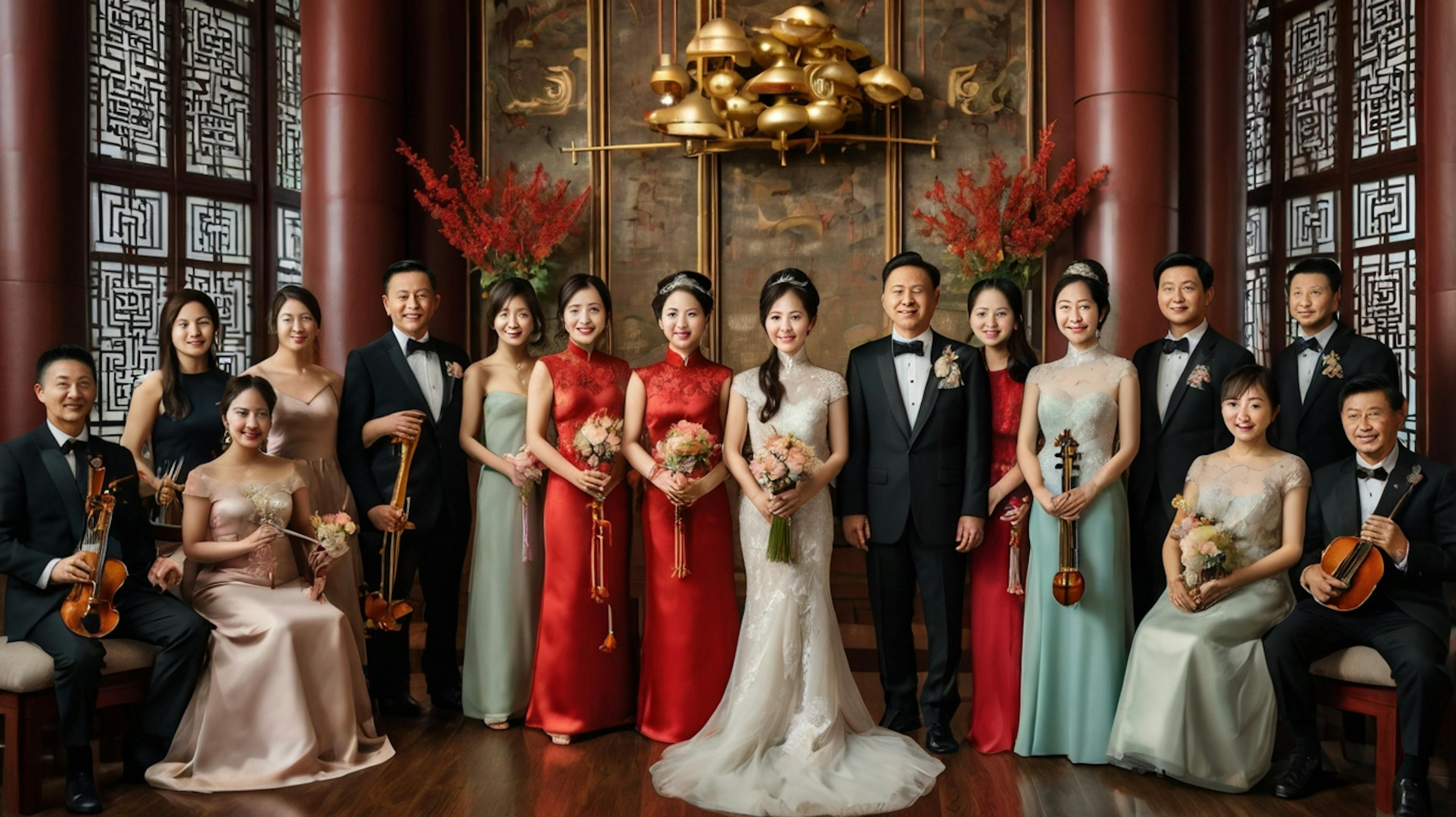 "A Chinese Christian Wedding. Luxurious settings. Beautiful picture, bride, groom, and parents and family on both sides, both young and old. Photorealistic. Choir with an orchestra of instruments. Panoramic Picture."