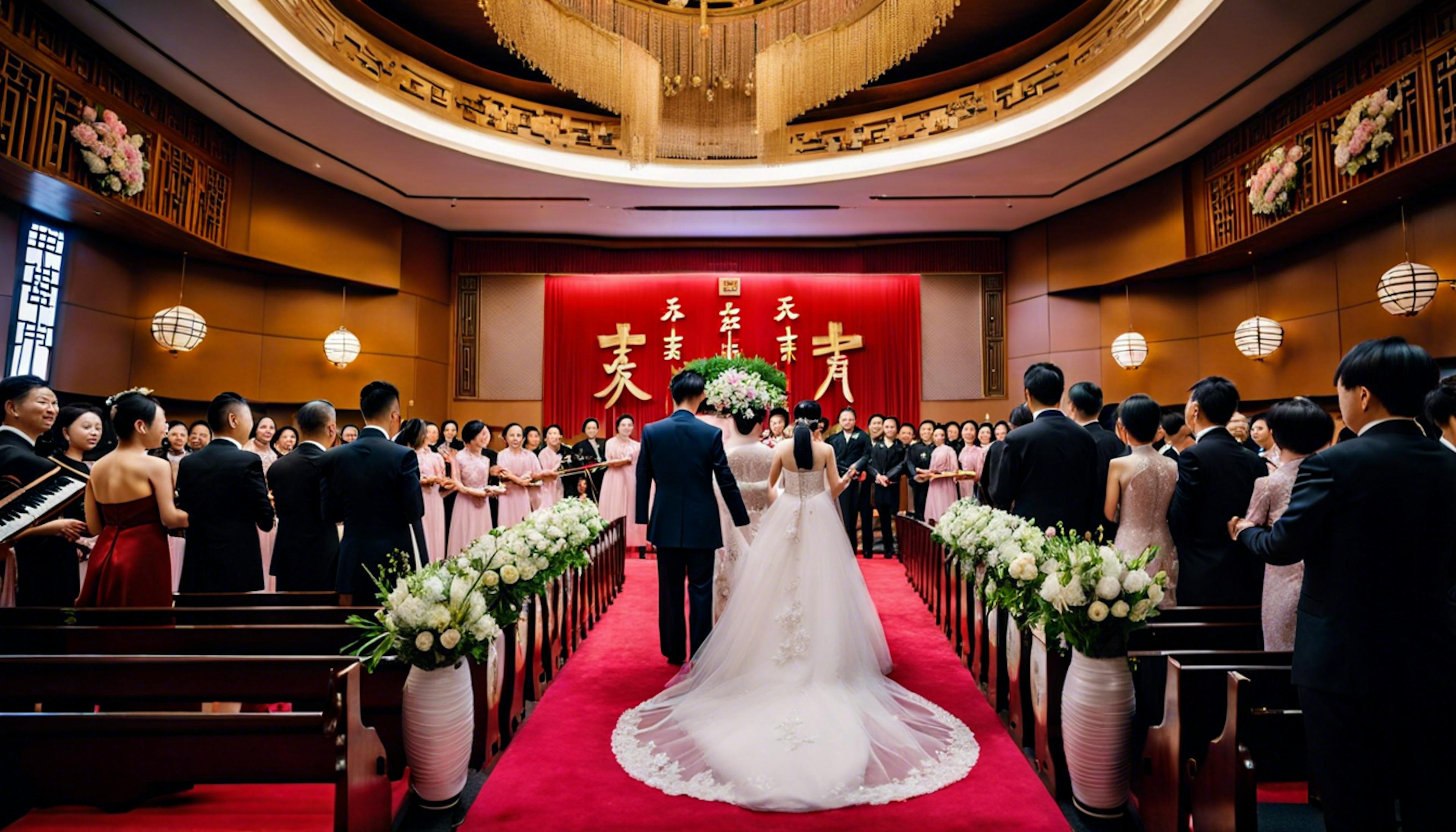 "A Chinese Christian Wedding. Luxurious settings. Beautiful picture, bride, groom, and parents and family on both sides, both young and old. Photorealistic. Choir with an orchestra of instruments. Panoramic Picture."