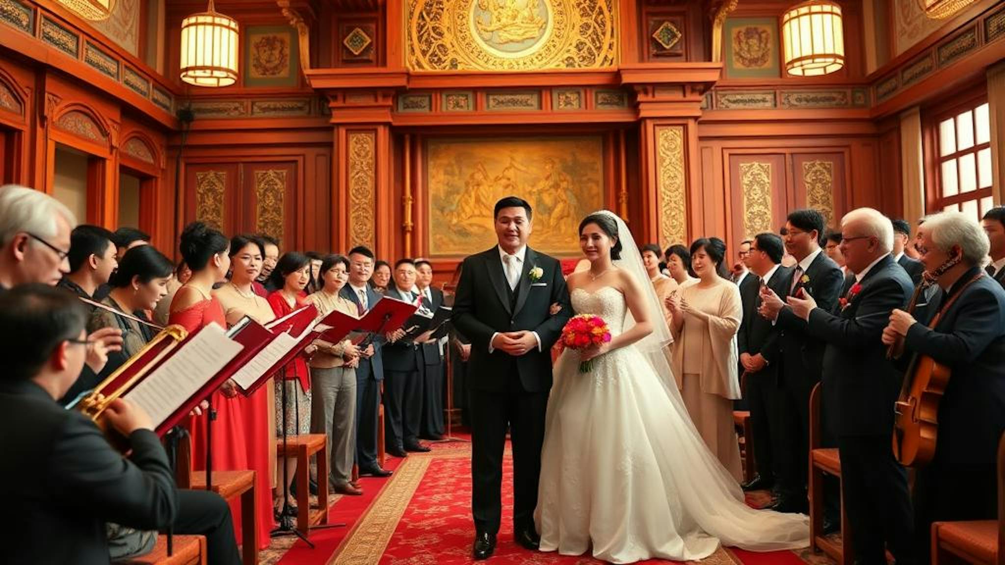 "A Chinese Christian Wedding. Luxurious settings. Beautiful picture, bride, groom, and parents and family on both sides, both young and old. Photorealistic. Choir with an orchestra of instruments. Panoramic Picture."