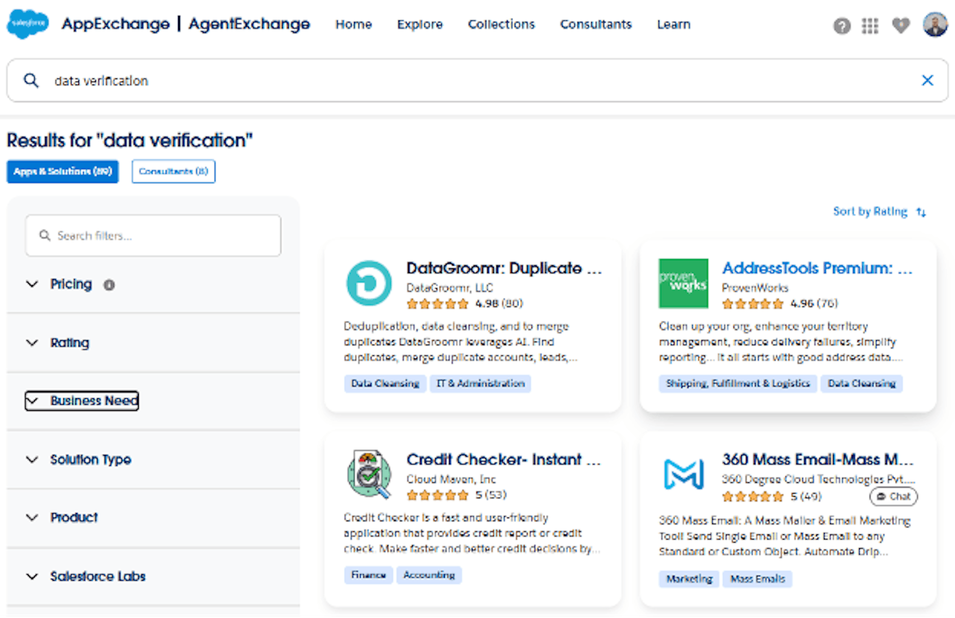 Search for data verification tools on AppExchange