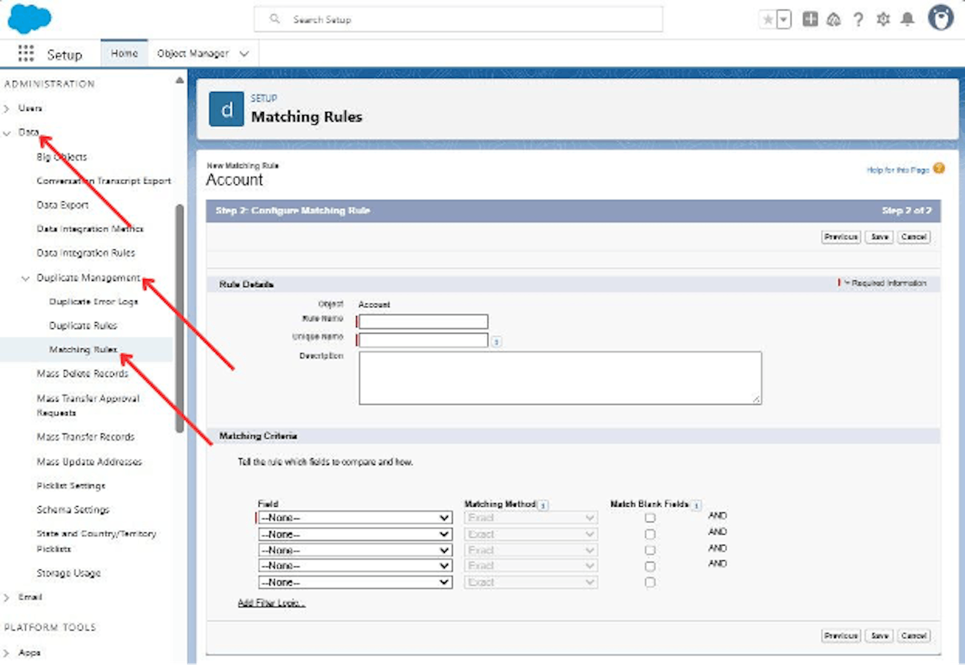 Creating a new Matching Rule in Setup