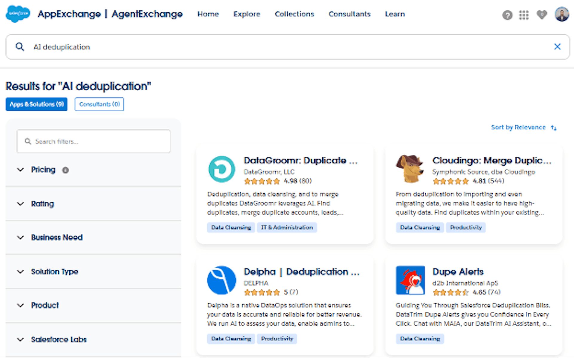 Search results for ‘AI deduplication’ app on AppExchange