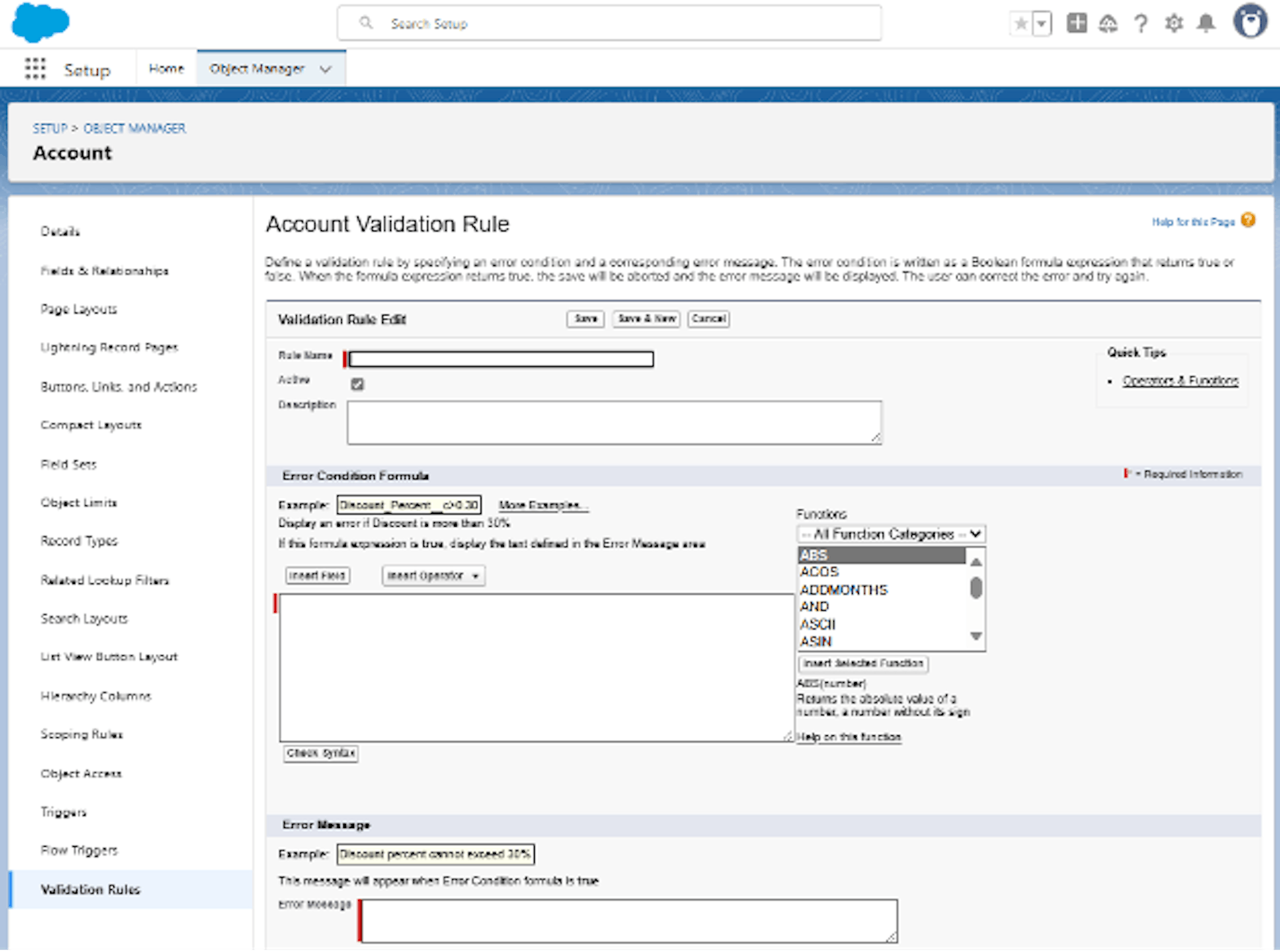 Creating a new Validation Rule in Setup