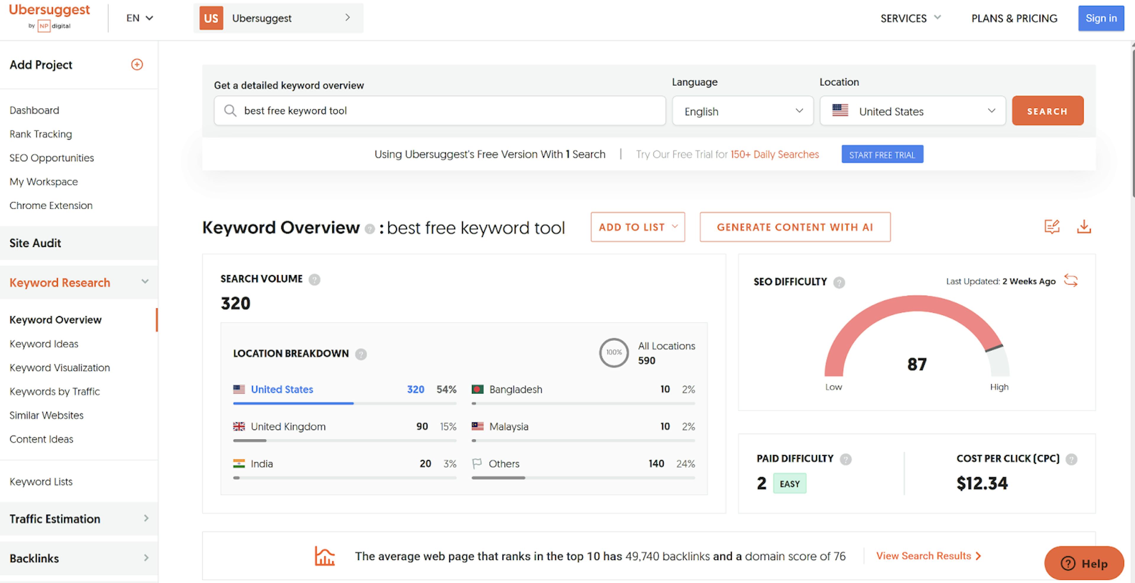 Ubersuggest keyword research tool