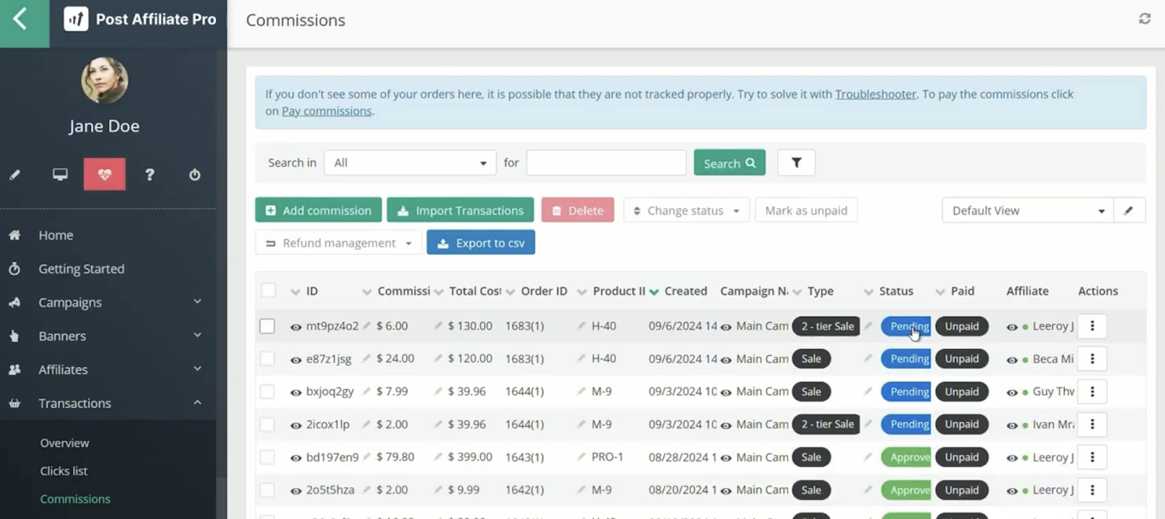 Post Affiliate Pro dashboard
