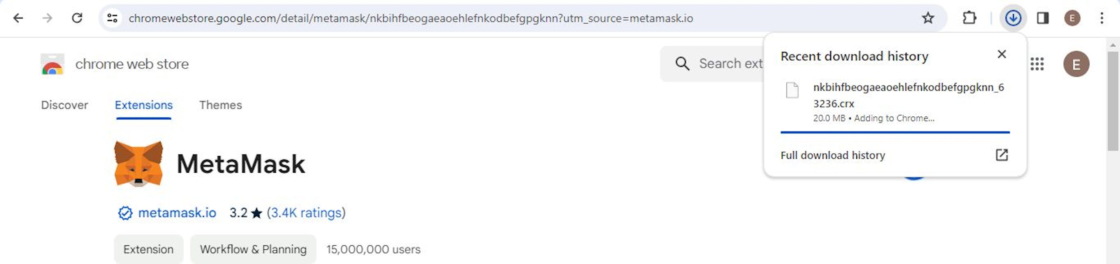 Chrome의 MetaMask 설치 프로세스를 보여주는 이미지.